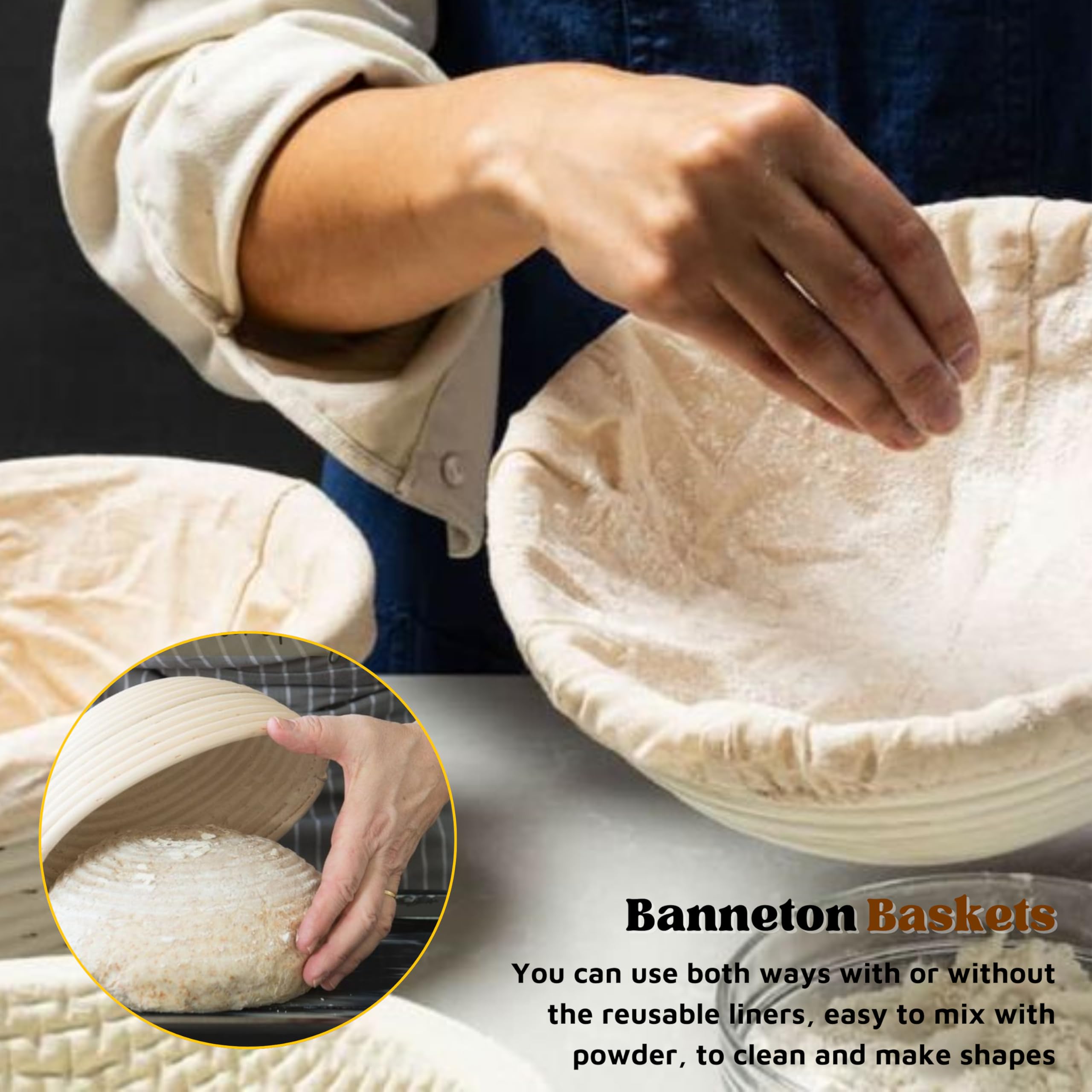 Juego de 3 cestas a prueba de pan, cuencos redondos para masa, perfectas para hornear pan de masa madre profesional y casero (redondas)
