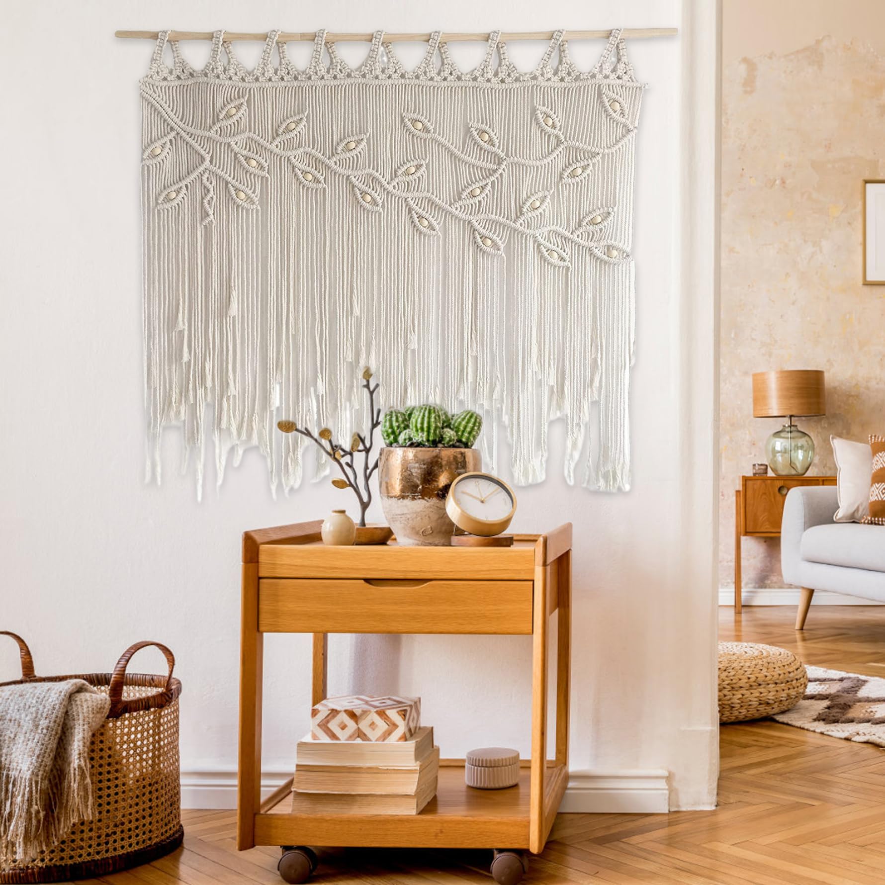 Tenda per porta Boho, Tende Boho Modello a foglie Tende in macramè con perline 43x31, 5 pollici Tenda decorativa da appendere in cotone bohémien per porte e finestre, arredamento bohémien