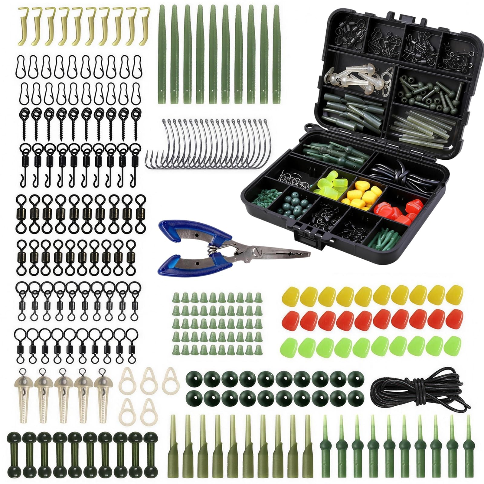 Kit de Pêche à la Carpe (271 Pièces) Comprenant Plombs, Hameçons, Émerillons, Clips de Sécurité, Manchons en Caoutchouc et Divers Accessoires pour Montages de Pêche à la Carpe.