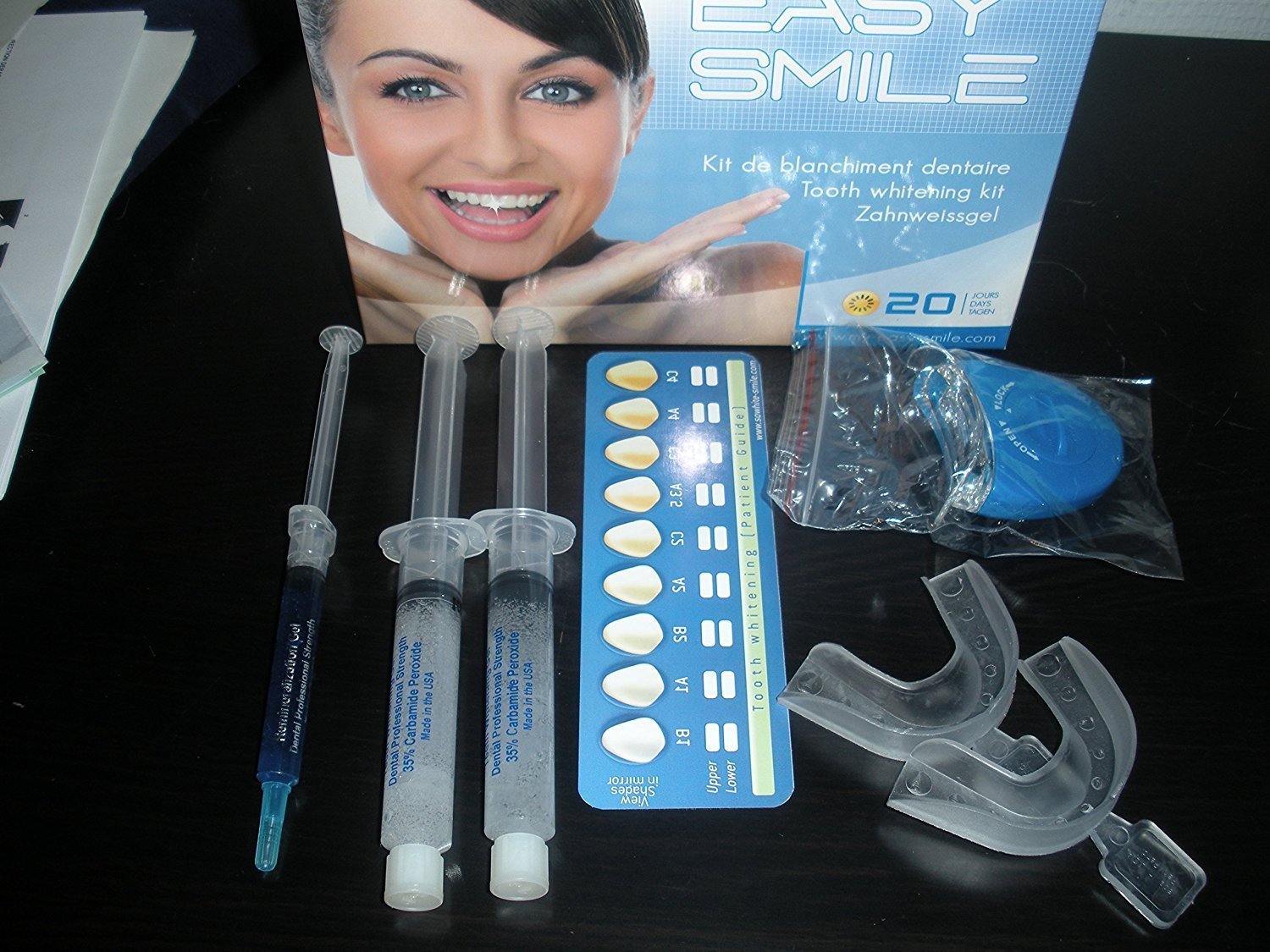 Easy Smile - Kit Tooth Whitening -Led Light + 20 Cc Peroxide Carbamide 35% + Remineralization Gel 3cc +2 Trays-Made in Usa-