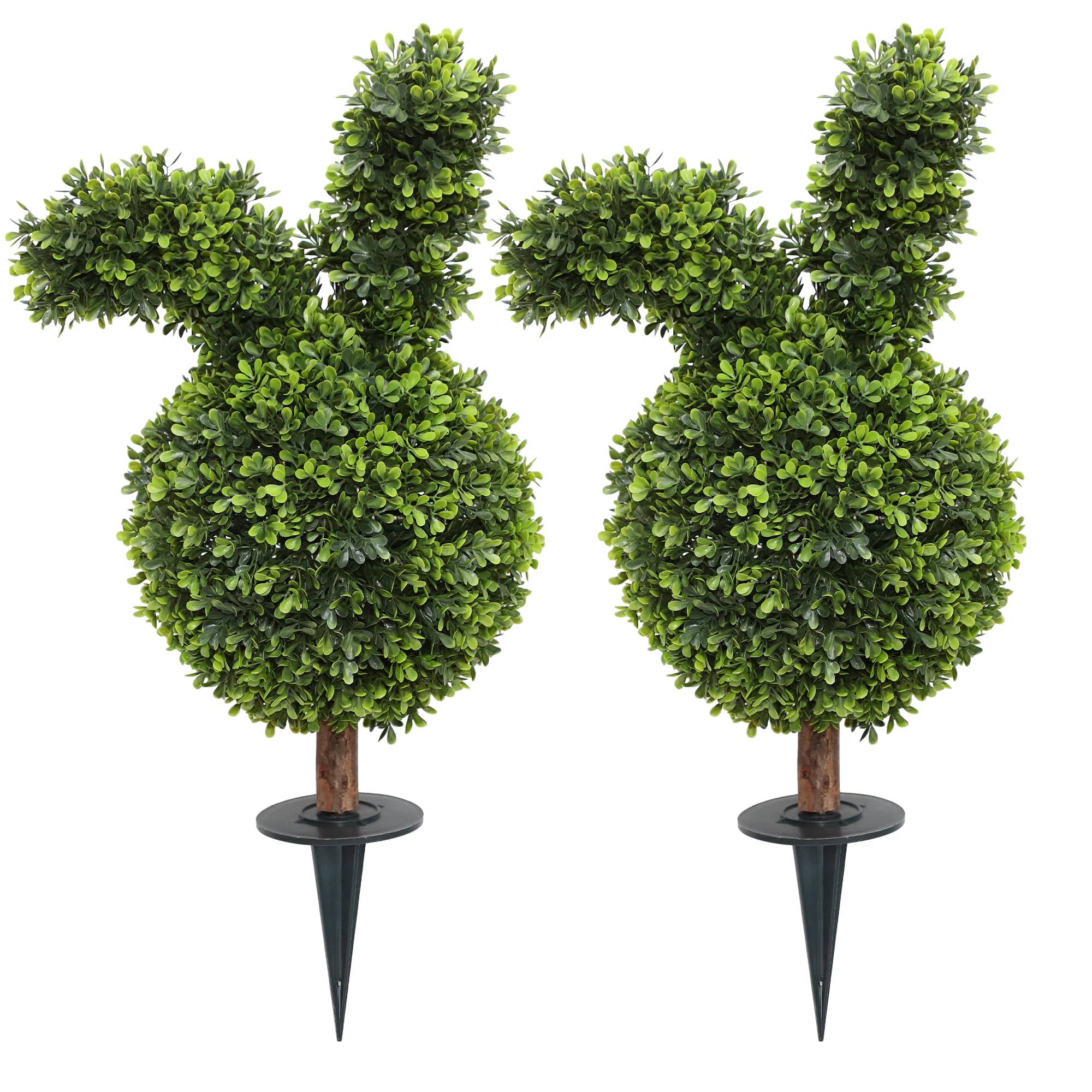 damomo 27'' artificial bunny shaped topiary trees with ground spike set of 2, outdoor indoor faux boxwood topiary ball bushes potted fake shrubs front porch decor outside garden