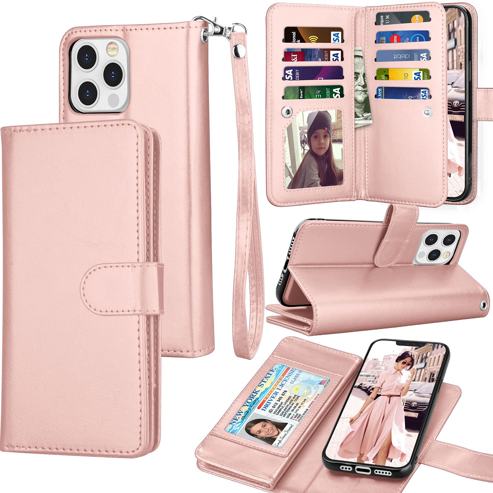 Tekcoo Wallet Case Compatible with iPhone 13 Pro (6.1 inch) 2021 Luxury ID Cash Credit Card Slots Holder Carrying Pouch Folio Flip PU Leather Cover [Detachable Magnetic Case] - Rose Gold
