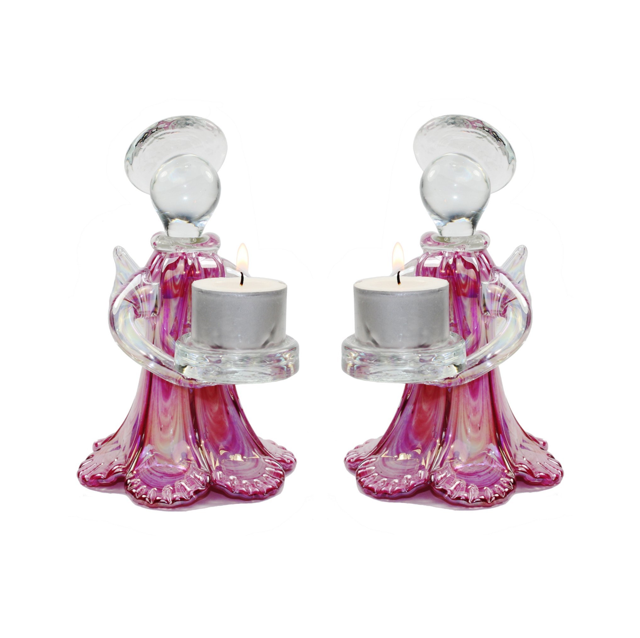 Tall Glass Angel Tealight Holders with Pearlescent Finish in Pink (Set of 2)