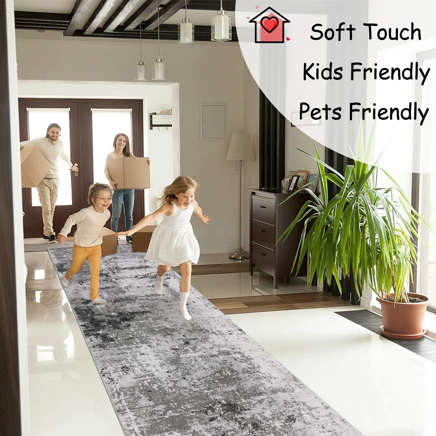 Cekene Läufer Flur 80x300cm Abstrakter Teppich Läufer rutschfest Waschbar Küchenläufer Grau Lang Flur Teppich für Eingang Badezimmer Waschküche Schlafzimmer Wohnzimmer