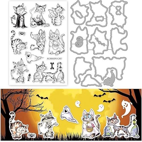 Miniatura 8 de INFUNLY Juego de troqueles y sellos para gatos, sellos y troqueles transparentes para hacer tarjetas, diseño de animales fantasmas, sellos de goma