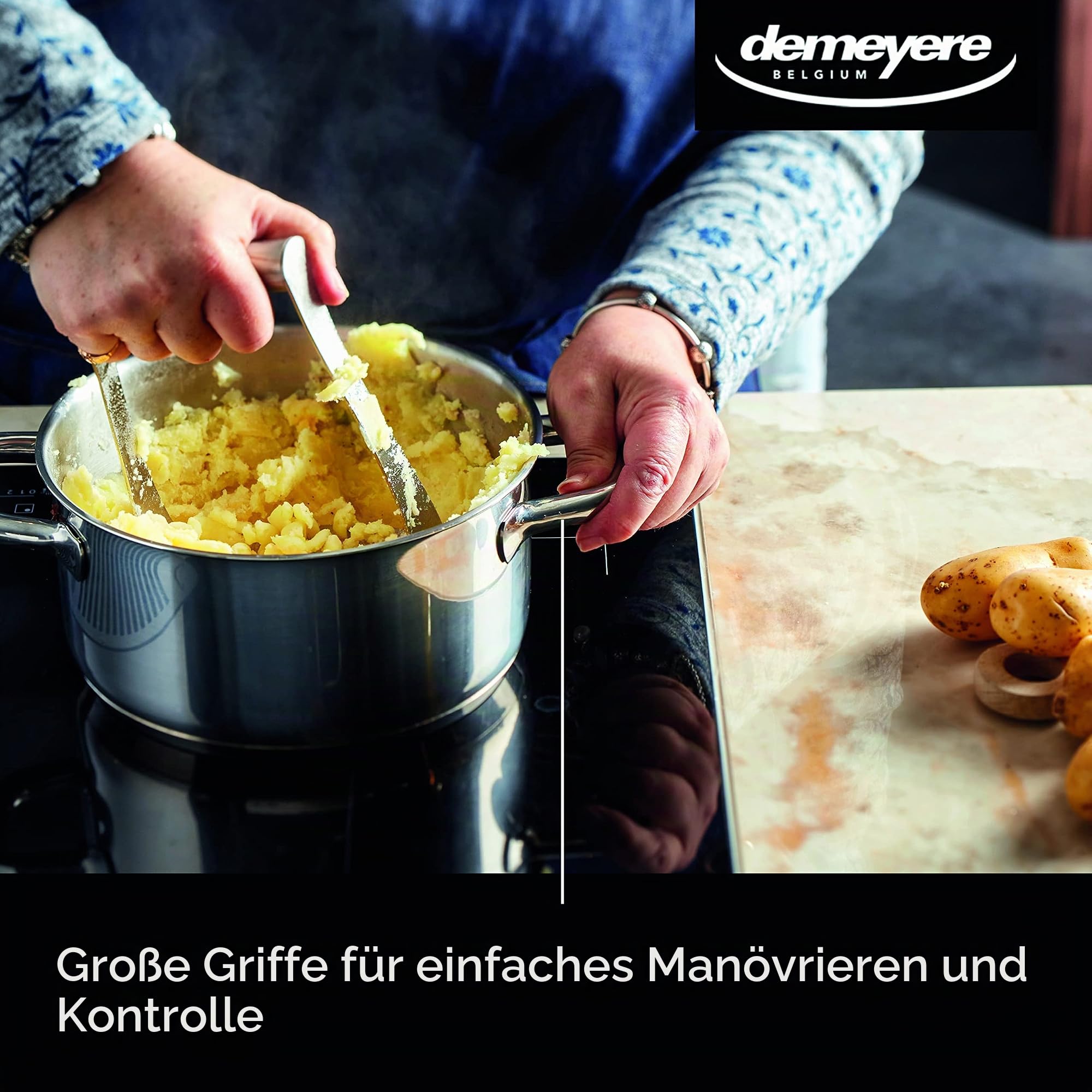Demeyere Alu Classico 3 Kochtopf fuer Induktion und anderen Herdarten, Topf mit Deckel aus pflegeleichtem Edelstahl mit 3-lagigem boden mit Alumiumkern, 10 Jahre Qualitaets-Garantie, 18 cm gross
