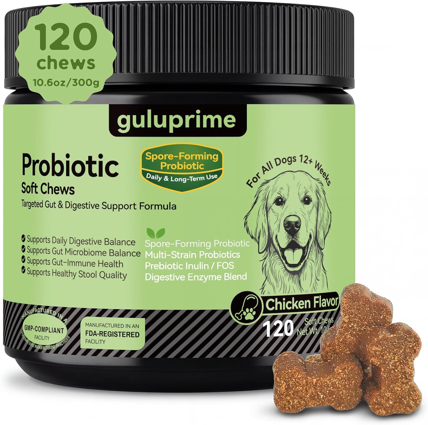 Probiotic Soft Chews for Dogs – Daily Gut & Digestive Support, Spore-Forming Probiotic with Multi-Strain Lactobacillus, Prebiotic Inulin/FOS, Chicken Flavor, 120 Chews