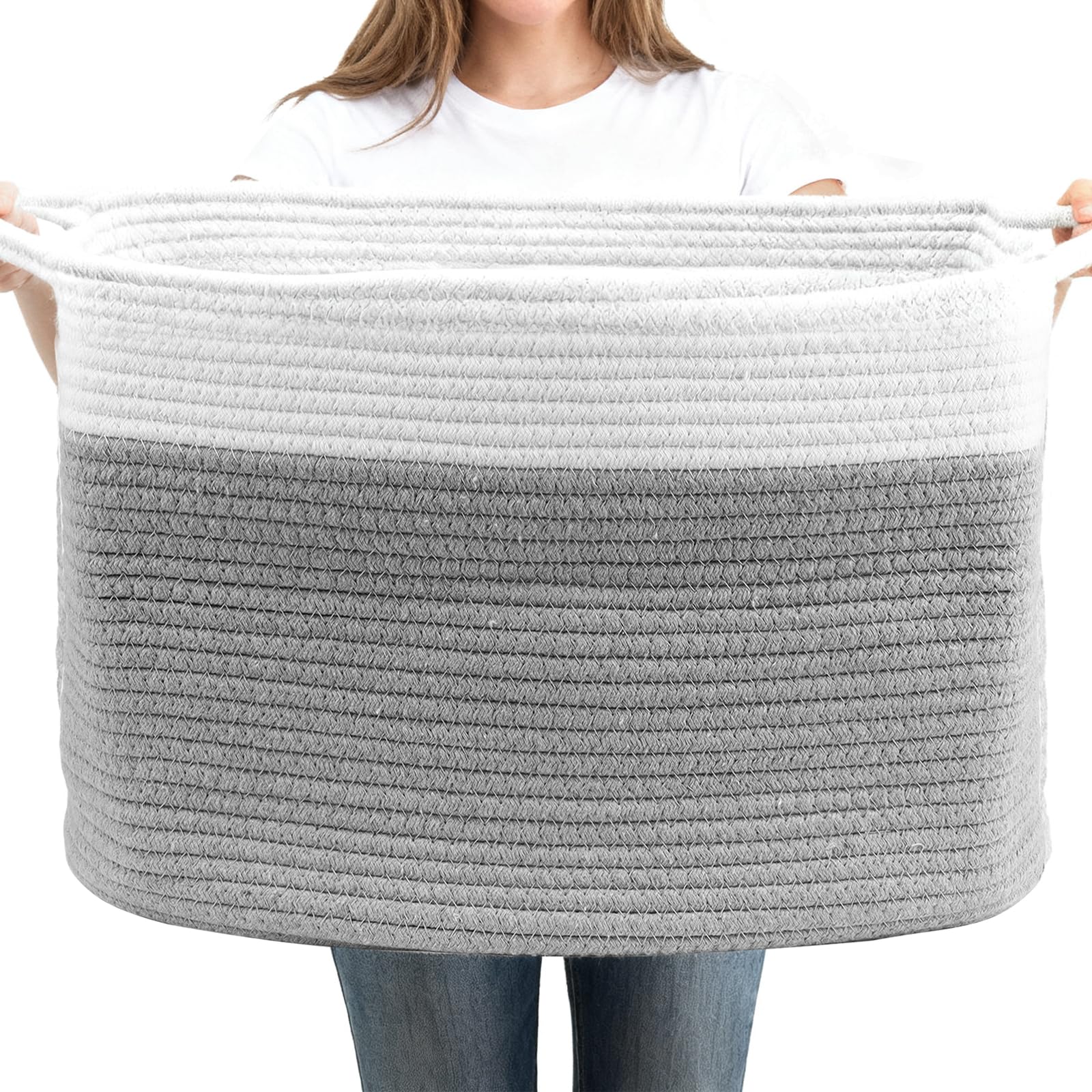 Large Wicker Basket for Storage, Foldable Laundry Hamper Woven Cotton Rope Basket 48x34x28cm, Extra Large Toy Blanket for Living Room Bedroom, White & Grey Storage Box
