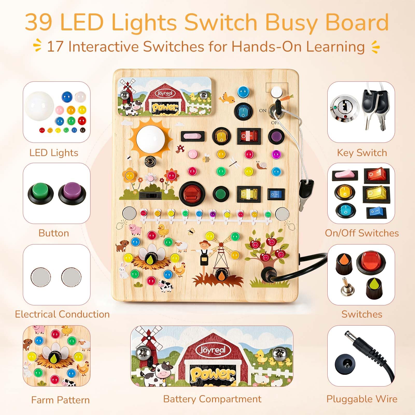 Joyreal Busy Board Giochi Bambini 1 Anno, Tavola attività Montessori in Legno con 39 Luci LED E 17 Interruttori, Gioco Sensoriale Educativo per Bambini, Regalo Bambino 1 2 3 Anni
