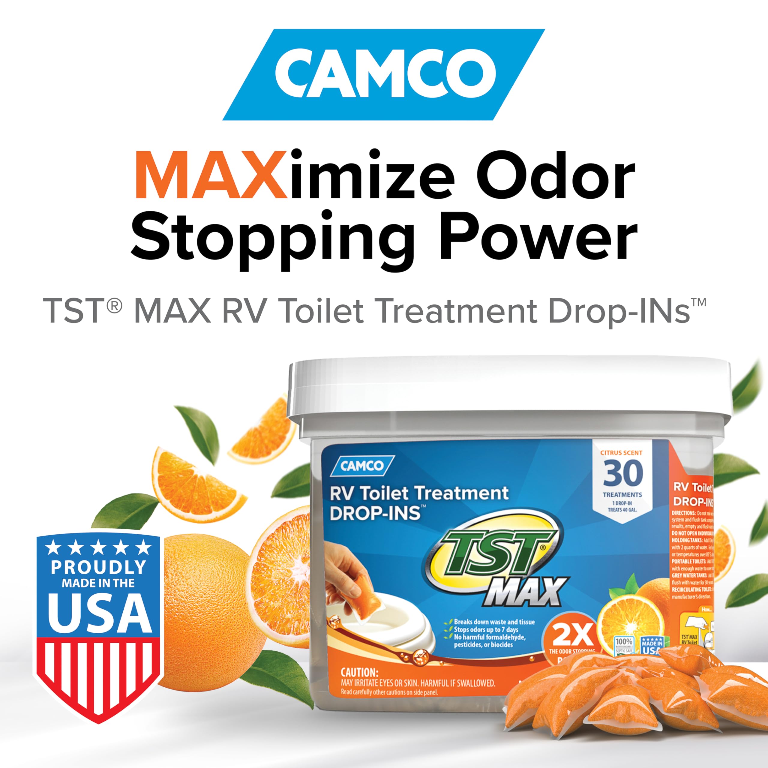 Camco TST MAX RV Toilet Treatment Drop-INs - Control Unwanted Odors & Break Down Waste and Tissue - Safe Septic Tank Treatment - Orange Scent, 30-Pack (41183) - 2