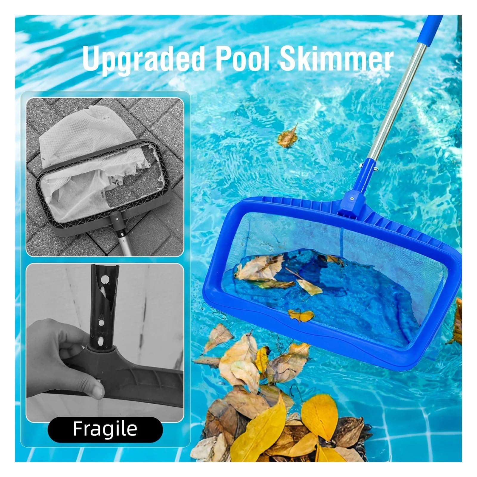 Red Piscina Limpieza Red de Espumadera for Piscina con Poste de Acero Inoxidable de 113,2 Pulgadas, Limpieza de natación de Malla Fina Profunda