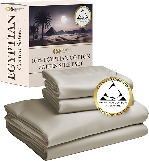 California Design Den Certified Luxury Queen Bed Sheets Set, 100% Egyptian Cotton Deep Pocket Bed Sheets Set, Sateen Cooling Sheets for Hot Sleepers, Beige Sheets Queen