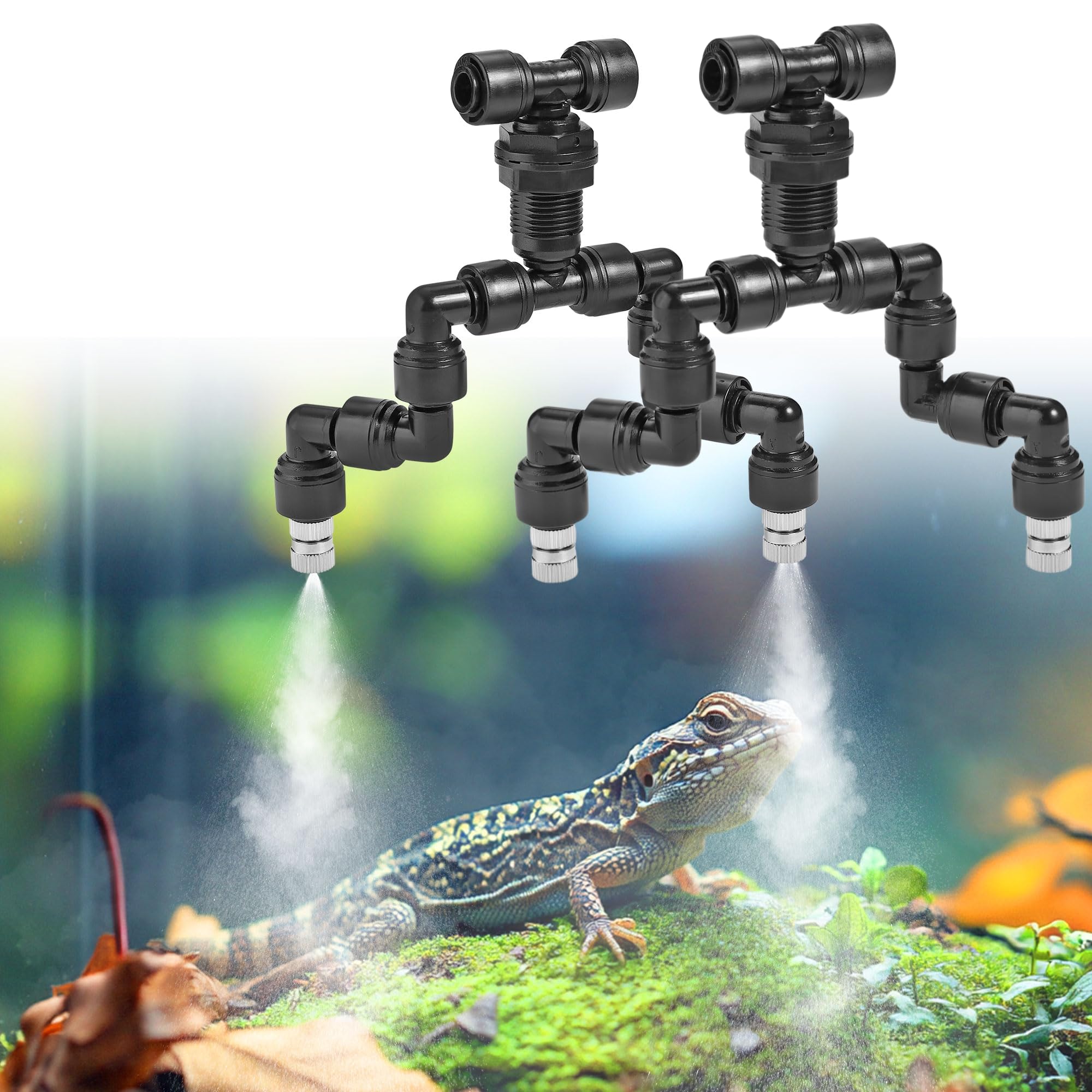 Sohnvwtgd 2Pack Reptile Mister Nozzles, 360° Cooling Mist Nozzles, 1/4'' Reptile Misting Nozzles, T Double Misting Assembly Fogger Fine Mist Nozzles For Reptile Terrarium, Plants, Amphibians, Tank