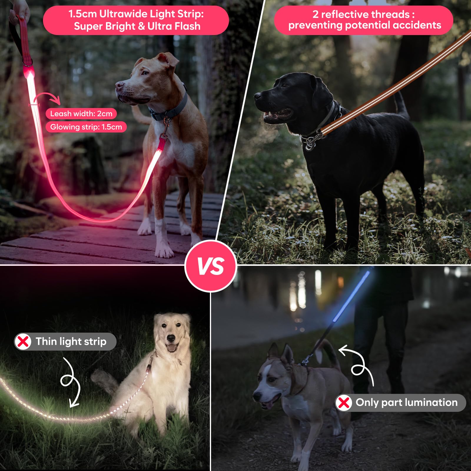 LED Dog Leash, Light Up Dog Leash 4 Ft USB Rechargeable Waterproof, Nylon Reflective Leashes with Padded Handle for Dogs Night Walking Light, Safety Glow in The Dark for Large Medium Pets (Pink)