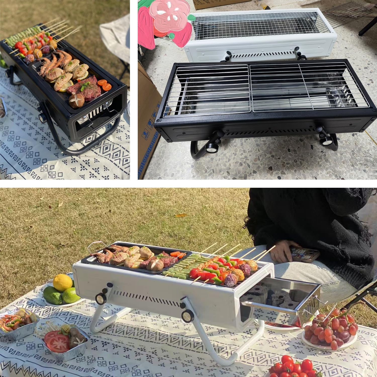 Griglia a carbone portatile con gambe pieghevoli, facile da pulire, vassoio rimovibile per carbone perfetto per cucinare all'aperto, ideale per 4 7 persone, barbecue compatto nero