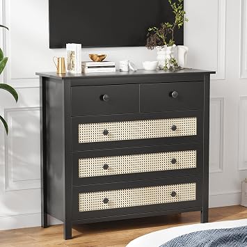 Sideboard Buffet Cabinet with 4 Drawers - Free Standing Buffet Storage Cabinet with Rattan Drawers, Modern Coffee Bar Cabinet Credenza for Dining Room, Living Room, Hallway