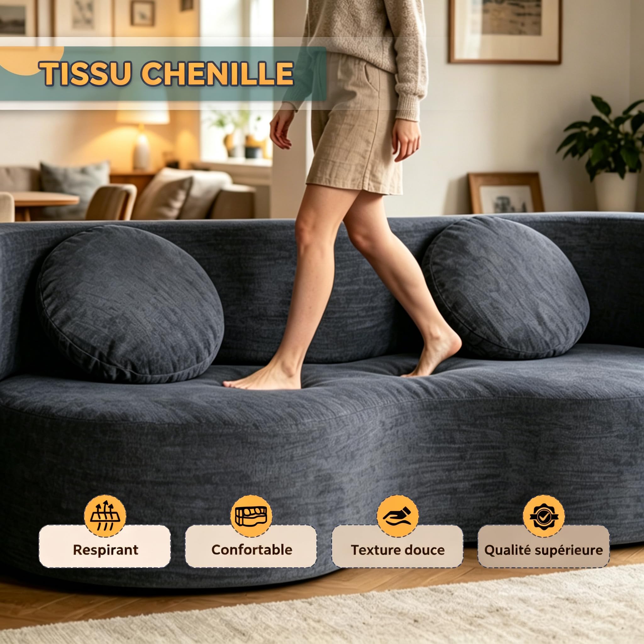 Canapé Convertible 200cm, Canapé Lit Modulable 3 Places en Tissu Chenille, Canapé de Sol Pliable pour Salon et Chambre, Mousse Haute Densité, Livré Compressé, Bleu Gris
