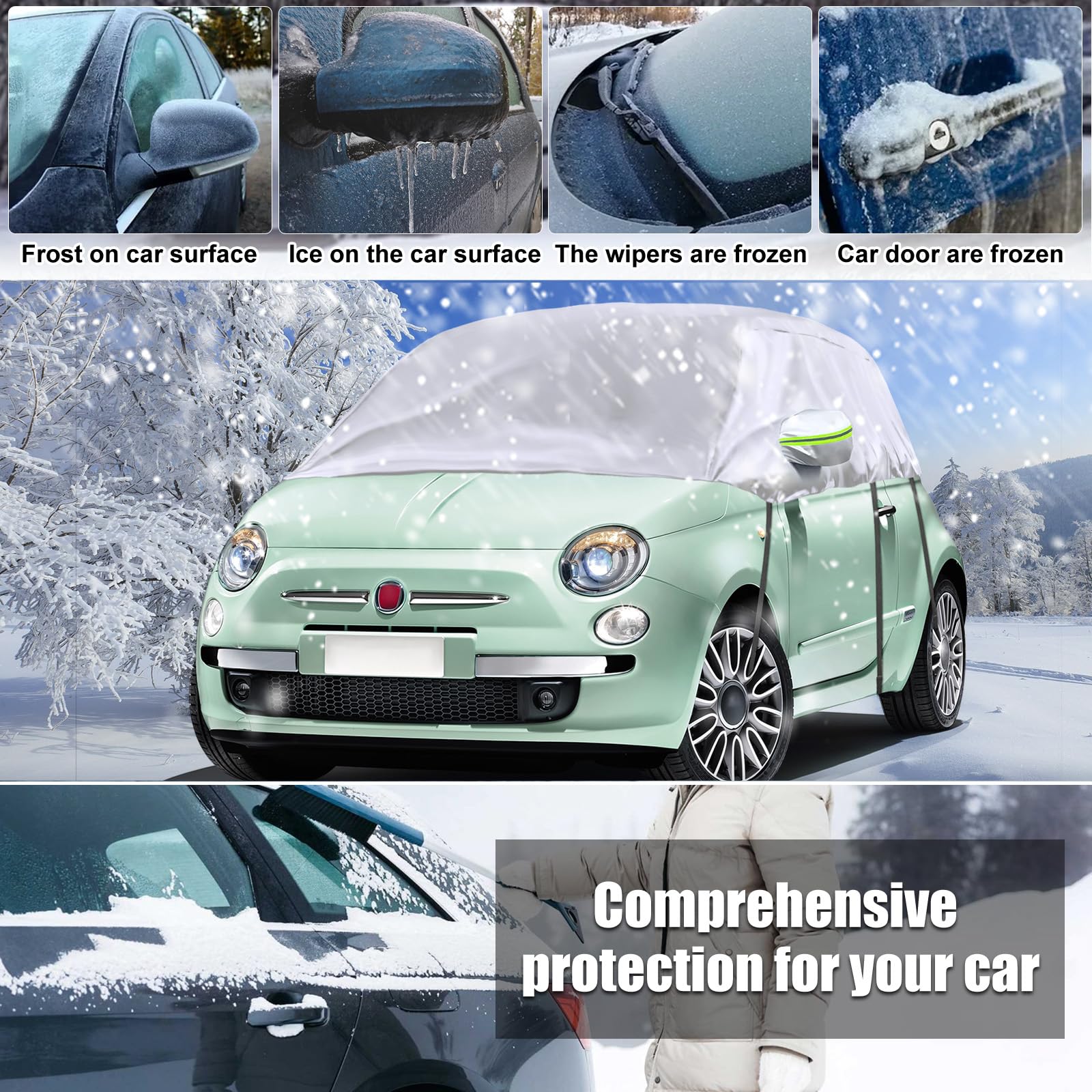 Housse Bache Voiture pour 2007-2023 Fiat 500 | Demi Bache Voiture Exterieur avec Crochets Ajustables et Bouchons d'oreilles