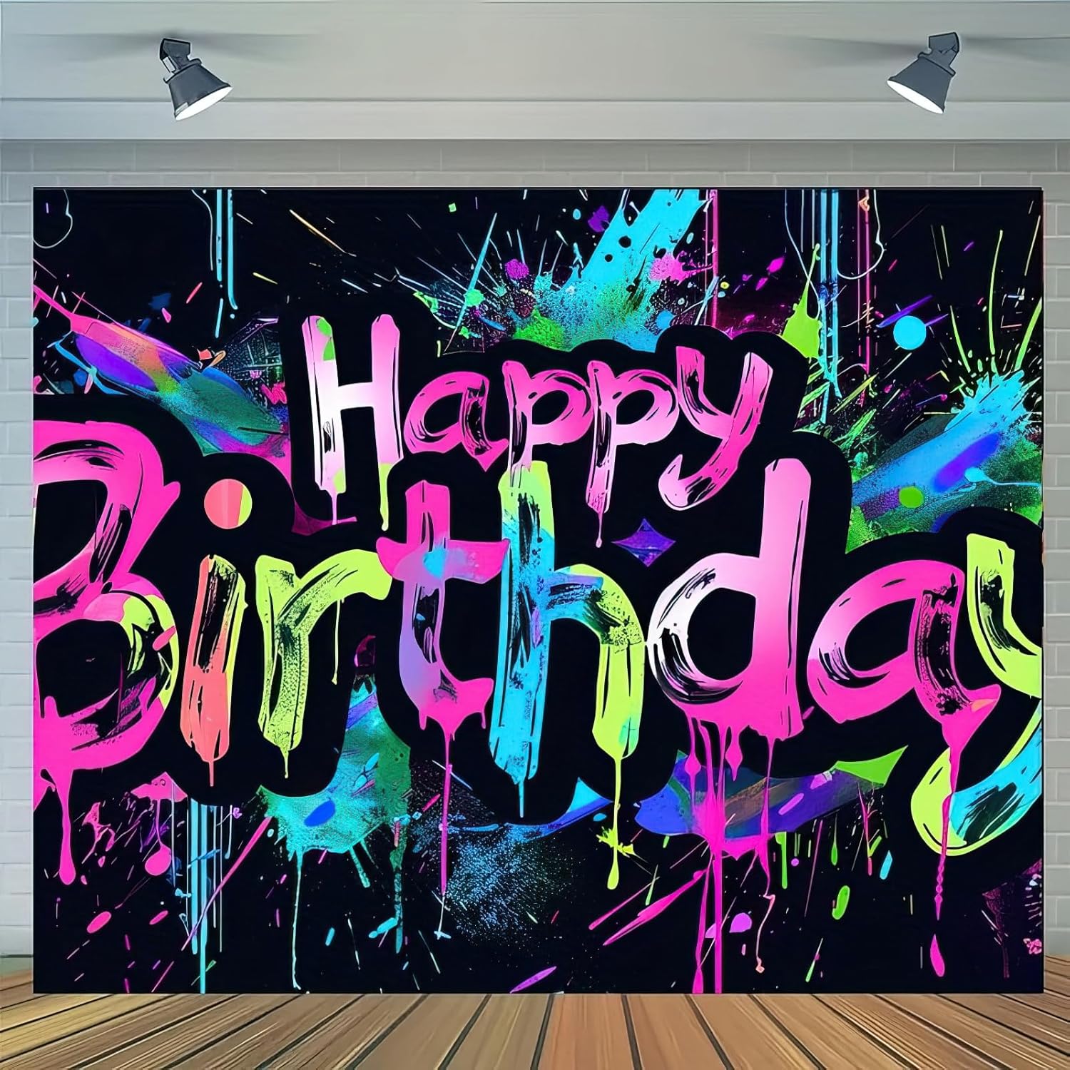 Neon Happy Birthday Banner - 71x43 Photography Backdrops, Party Background Decorations, Colorful Graffiti Splash Paint Kids Birthday Supplies, Glow in The Dark Neon Happy Birthday Banner 71 inches x 43 inches