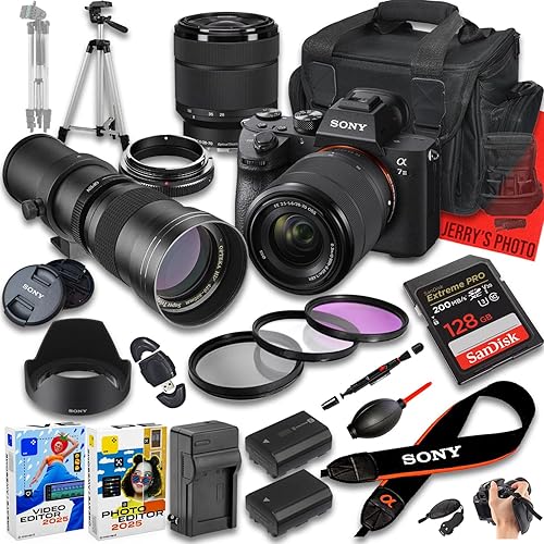 Sony a7 III Mirrorless Camera with FE 28-70mm f/3.5-5.6 OSS &420-800mm f/8 Manual Super HD Telephoto Lens + 128 GB Memory + Extra Battery + Camera Case + More (24pc Bundle)