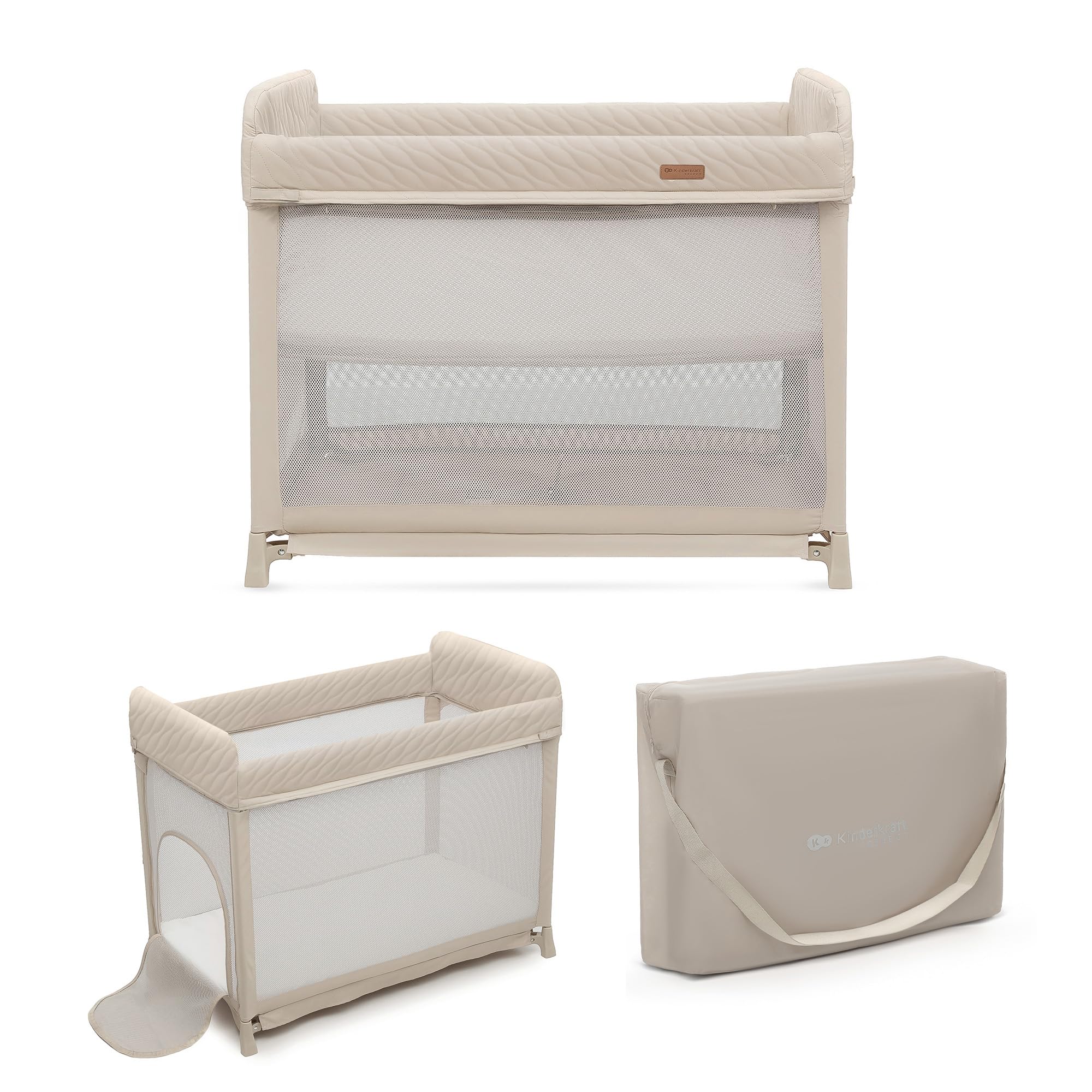 Kinderkraft Moon Dream, Cuna de Viaje Desde el Nacimiento hasta los 3 años, Cuna de Dos Niveles, se pliega fácilmente con una Sola Mano, Incluye colchón y Bolsa de Transporte, fácil de Limpiar, Beige