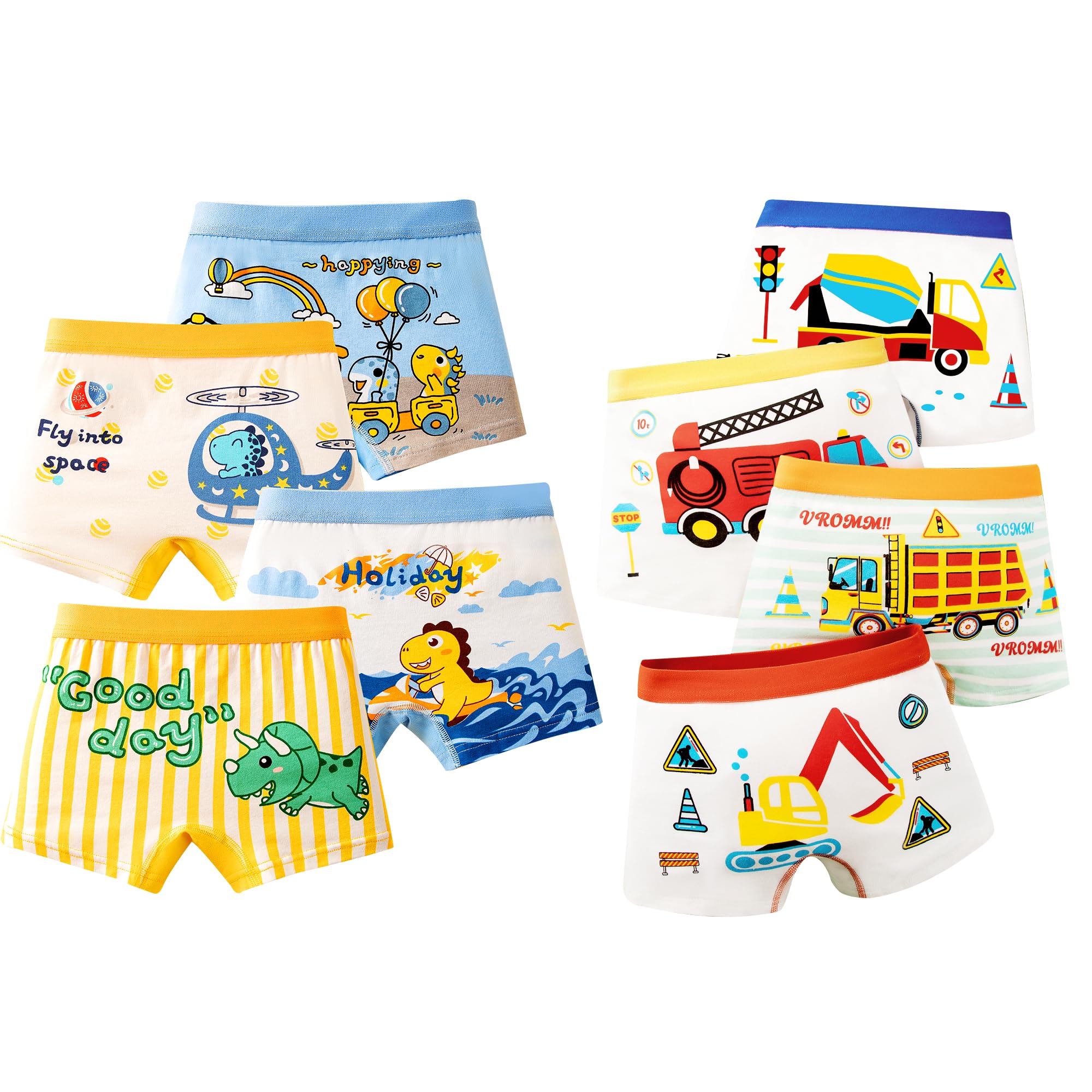 Calzoncillos Niños Infantil Algodón Bóxer 8 pack Dinosaurio Astronautas Excavadoras Coche Patrón Ropa Interior Elástica Tipo Bóxer Suave Transpirable Calzoncillo Conjunto para Pequeños 3-8 años