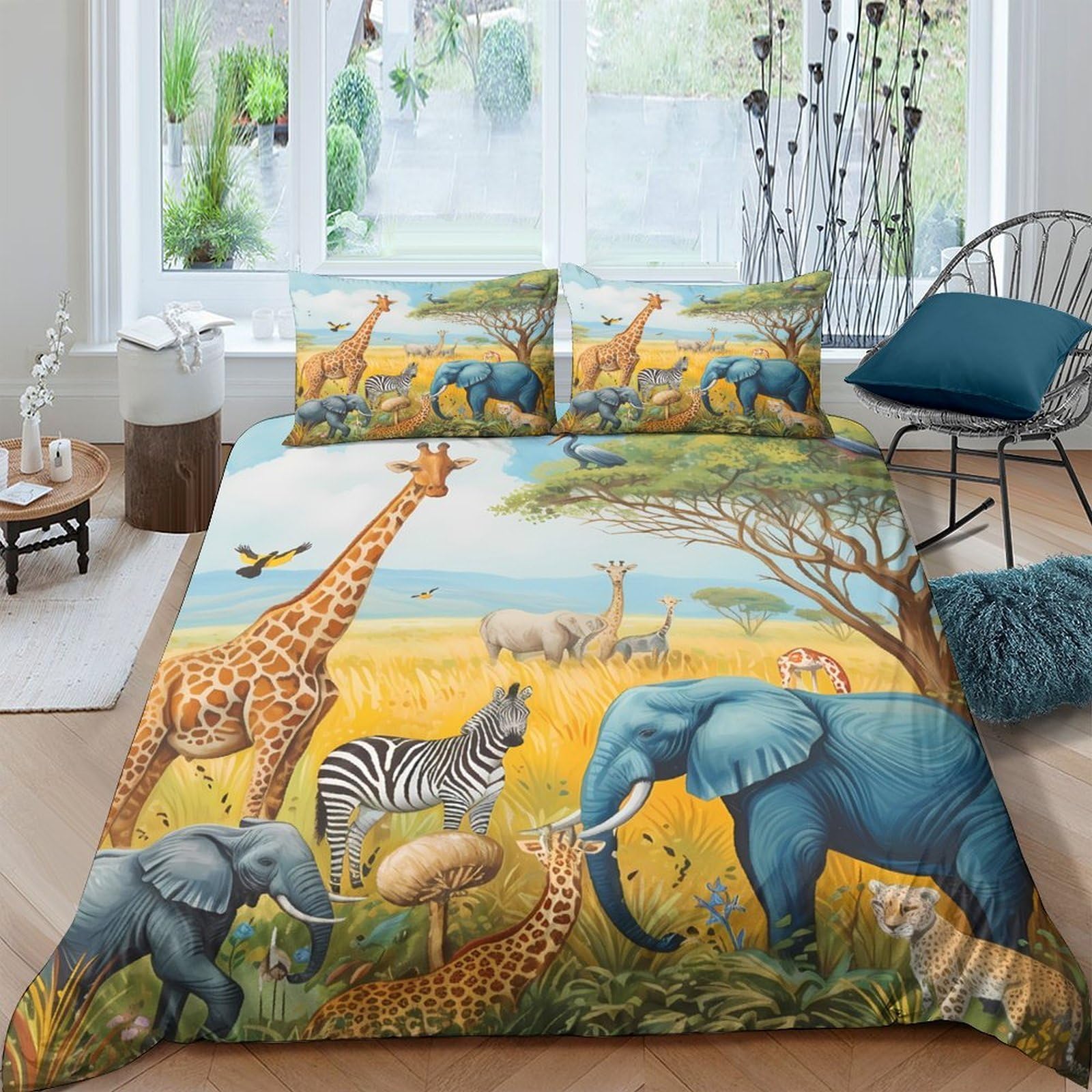 Ctjqhvkz Style-1 3D Printed Safari Wildlife Fitted Sheet Microfiber Soft Elephant Zebra Mattress Cover Bedroom Decor Single（135X200cm）