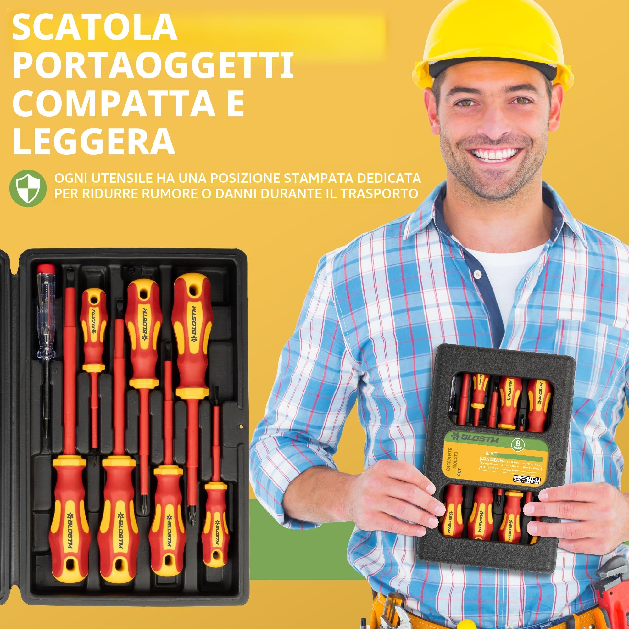 BLOSTM Set di cacciaviti isolati – Set di 8 cacciaviti elettrici testati VDE fino a 1000 V, set di cacciaviti per elettricisti con punta nera temprata con punta magnetica, design anti-rollio