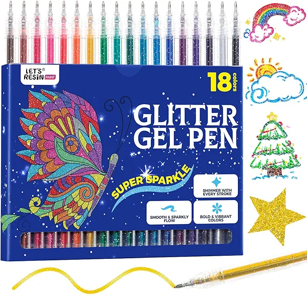 LET'S RESIN Glitter Gel Pens,18 Vibrant Colors Sparkle Gel Pen, Retractable Metallic Shimmer Pens for Adults Coloring Note Taking and Journaling