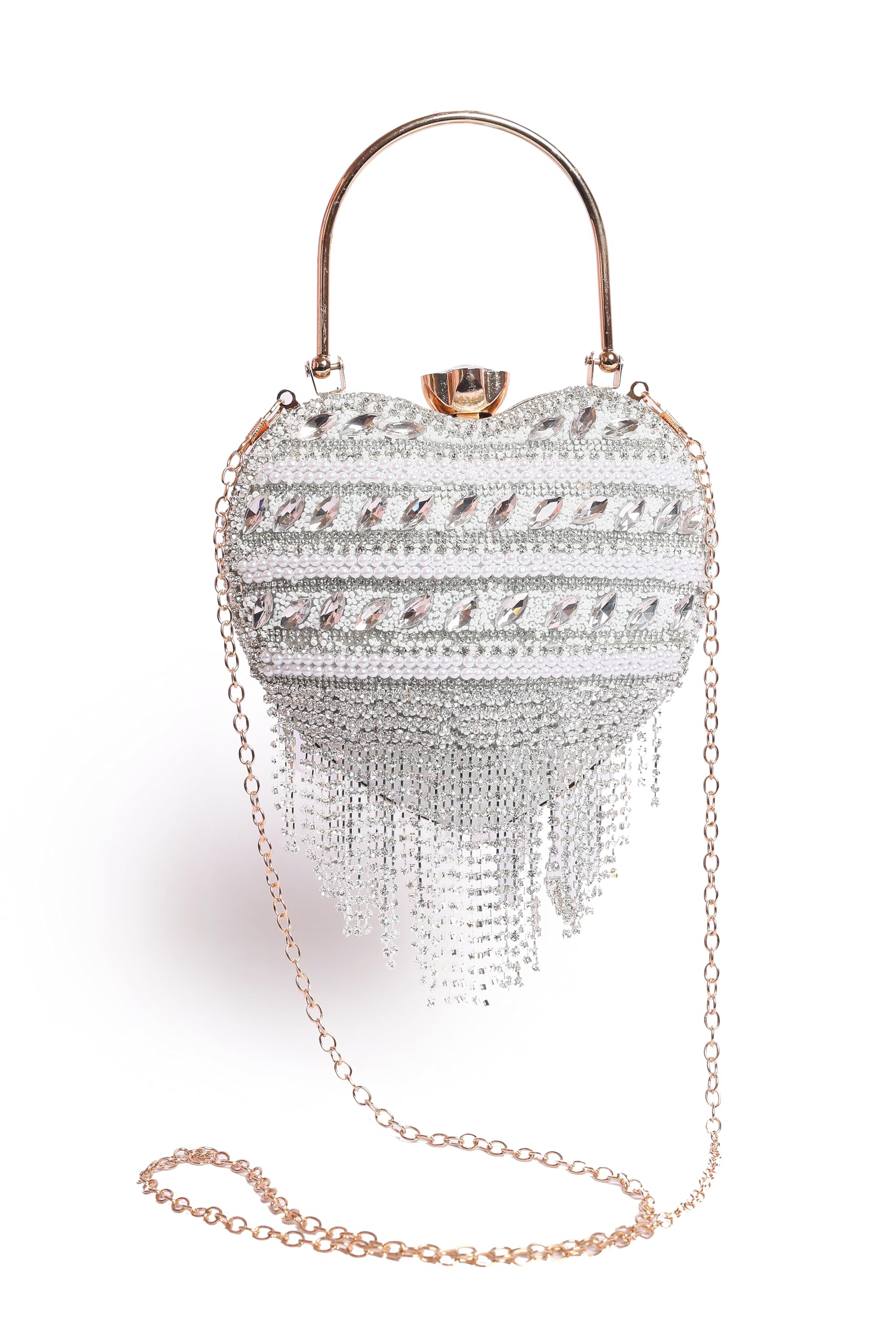 jasuniq Luxury Crystal Clutch Handbag with Rhinestone Fringe, Rose Gold Metal Handle, Detachable Chain Strap, Silver Textured Evening Purse for Women-picture-10