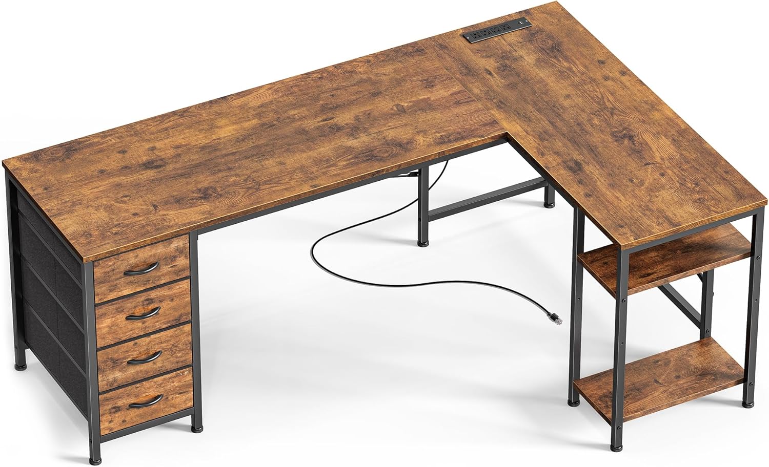 Huuger 63 Inch L Shaped Desk with Fabric Drawers, Reversible Computer Gaming Desk with Power Outlets and USB-C Port, Adjustable Side Storage Shelves, for Work Study Corner Home Office, Rustic Brown 63 inch Rustic Brown