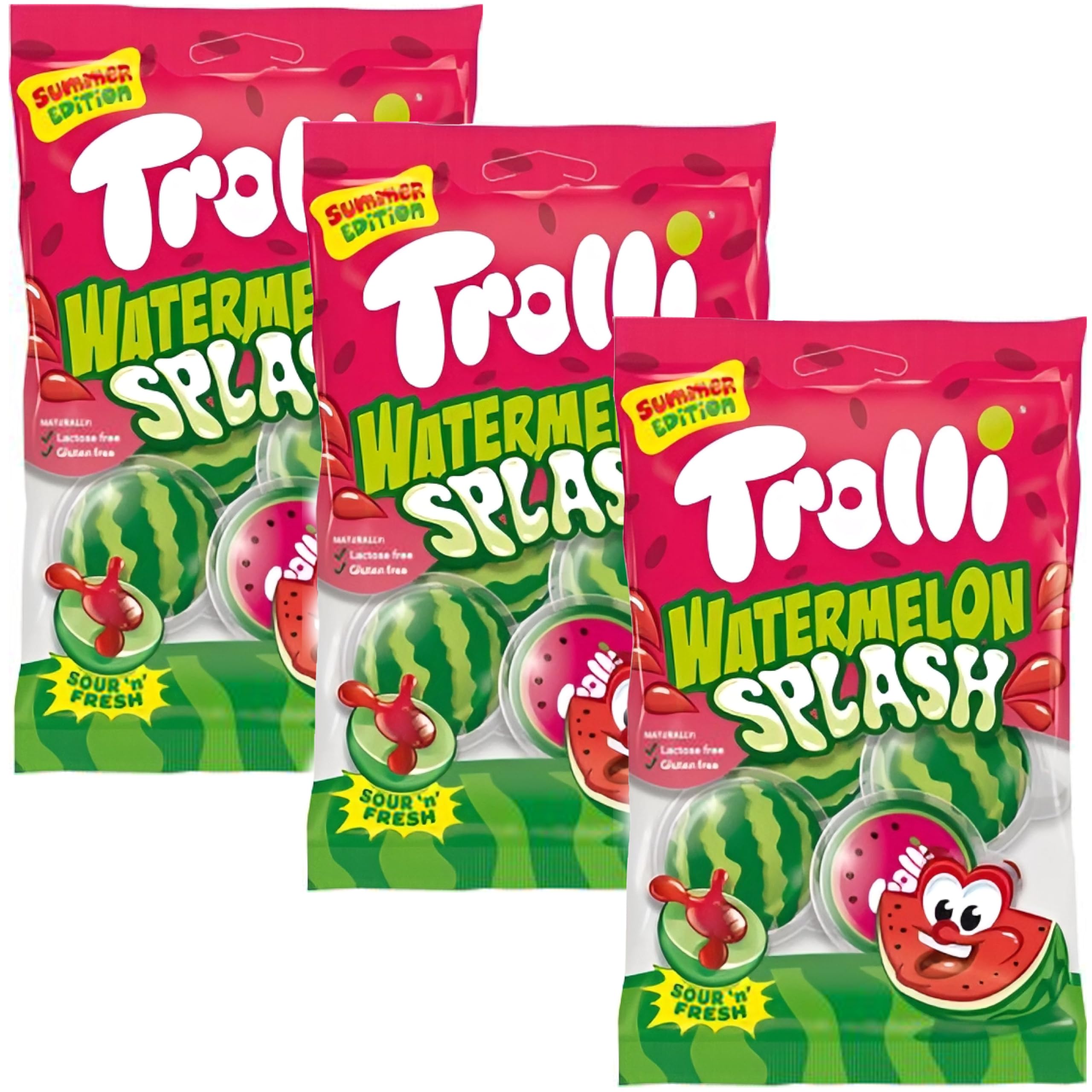 Trolli Watermelon Splash Melon Mania 75g Pack (3x75g), fruit gum filled with sour watermelon filling, gummy candies in watermelon look, ideal for summer and on the go, summer fun in 3D