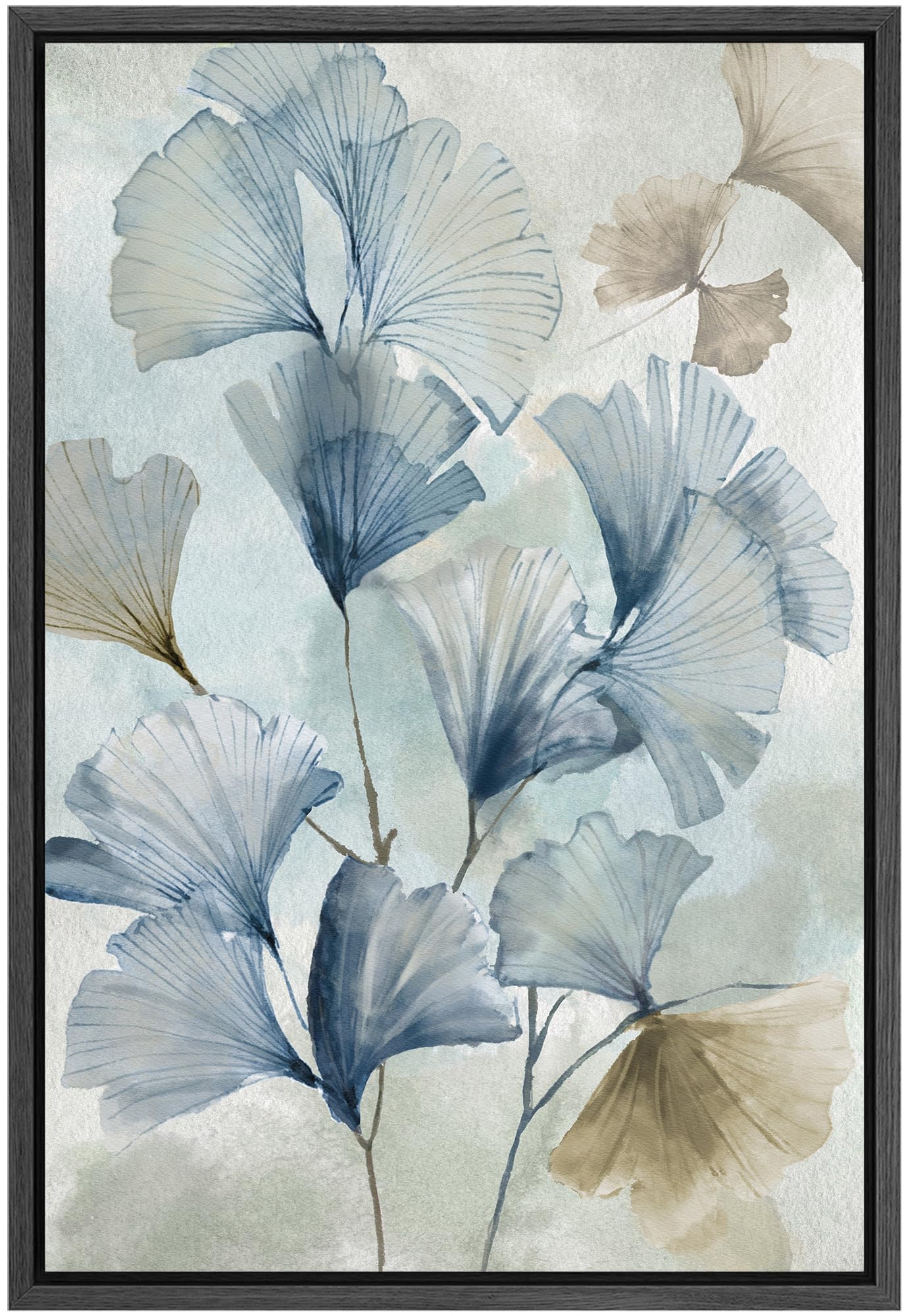 SIGNLEADER Framed Canvas Print Wall Art Refreshing Blue and Beige Ginkgo Biloba Illustrations Fine Art Traditional Colorful for Living Room, Bedroom, Office - 30x42 inch gray frame