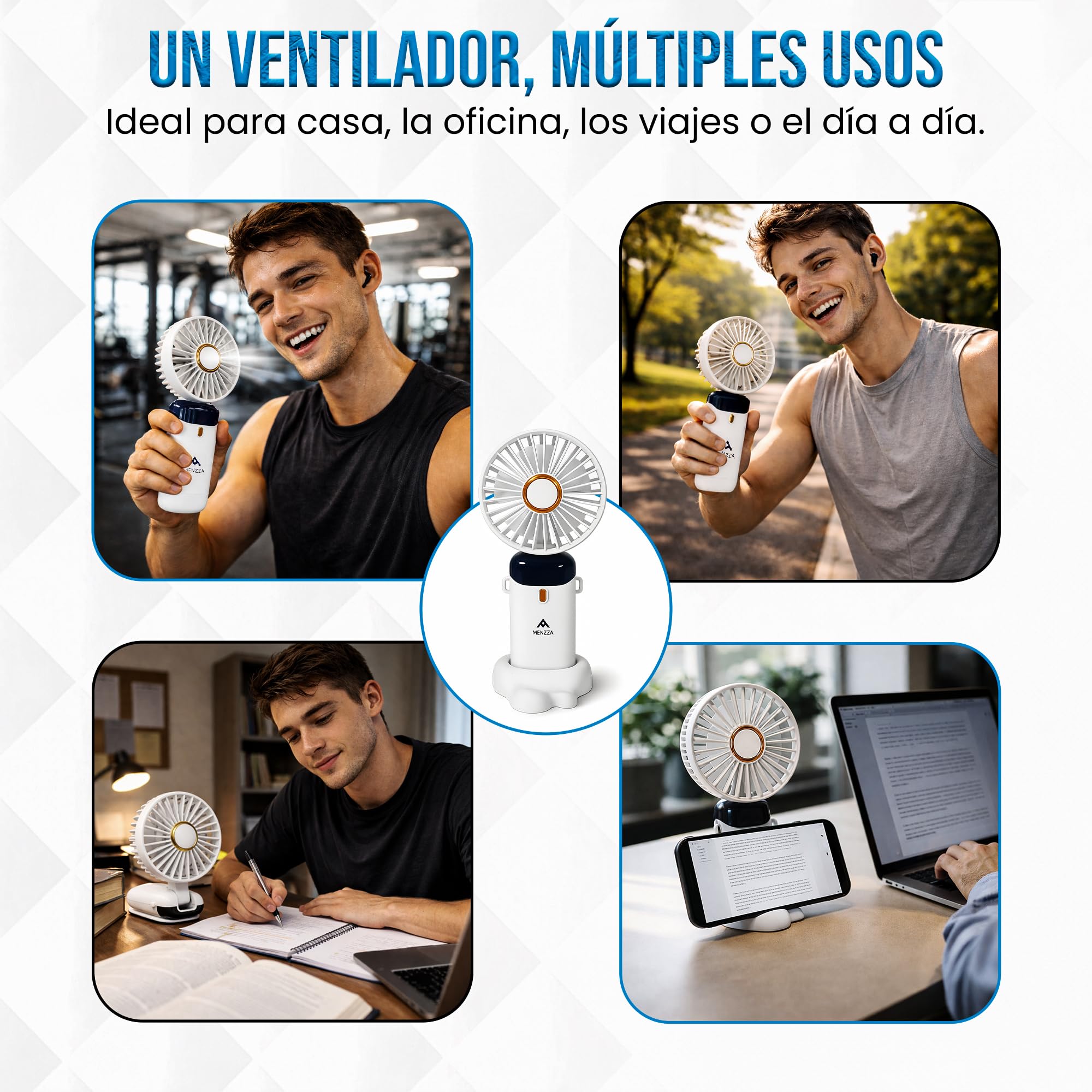 MENZZA® Ventilador Portatil 3 En 1 I 5 Velocidades I Ventilador De Mesa Recargable Por USB I Mini Ventilador Silencioso De Mano + Base + Cuerda Cuello Incluidas I 5000mAh. — view 6