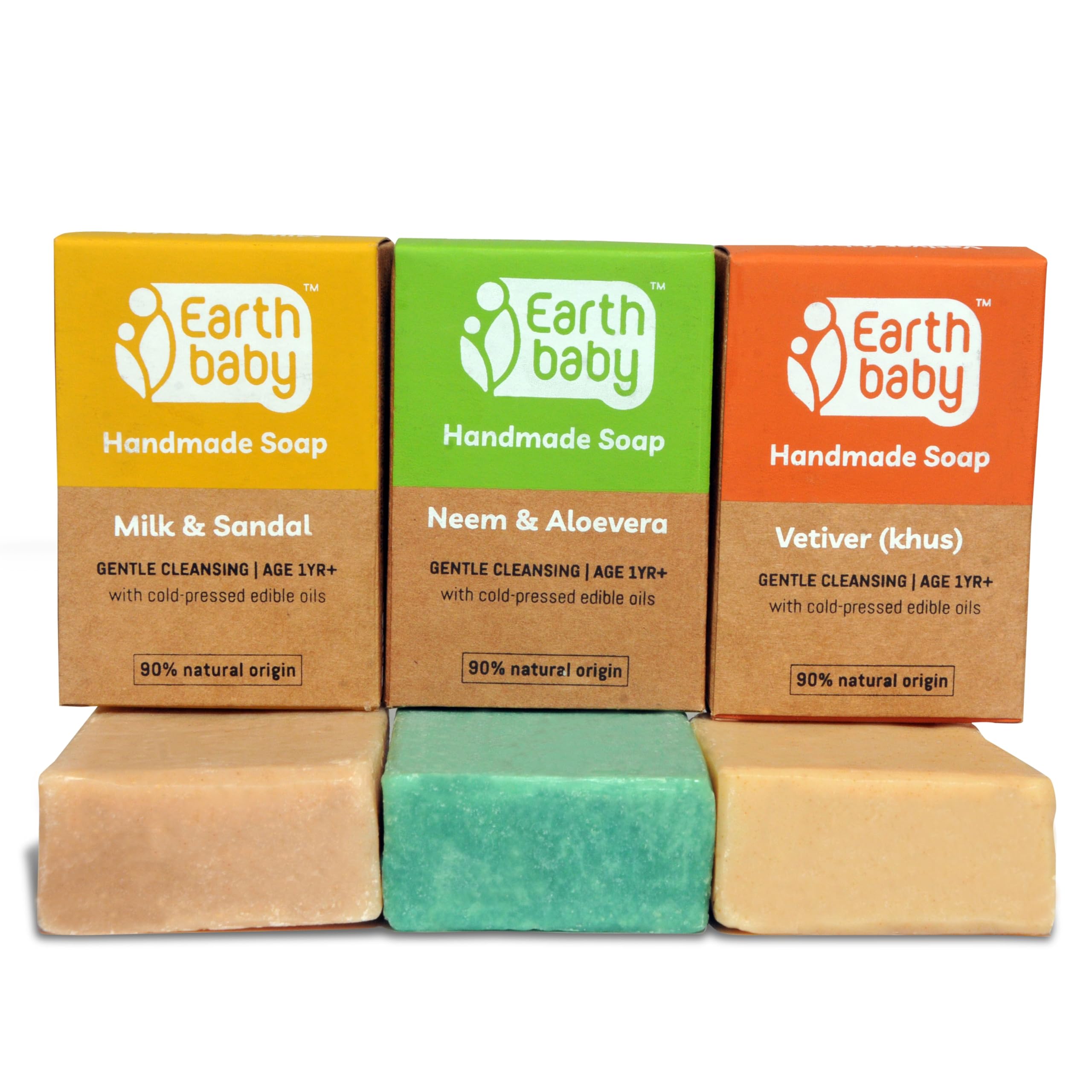 Earthbaby Natural Handmade Bath Soap Combo of 3 (Milk & Sandal, Neem & Aloevera, Vetiver Khus Each 1)