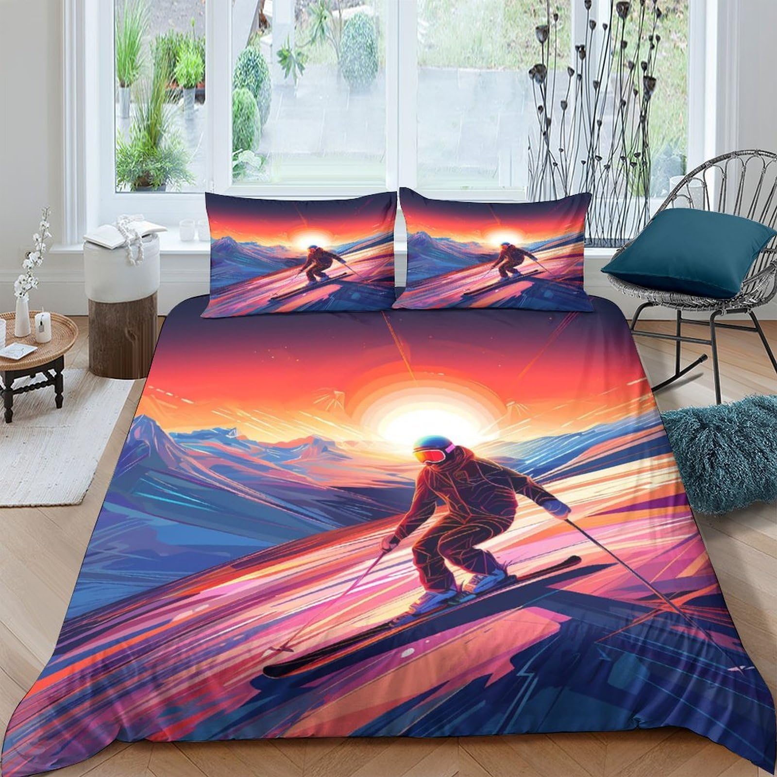 Ctjqhvkz Style-4 3D Printed Sunset Ski Fitted Sheet Microfiber Soft Mountain Adventure Bed Cover For Bedroom Dorm Mattress Decor Single（135X200cm）