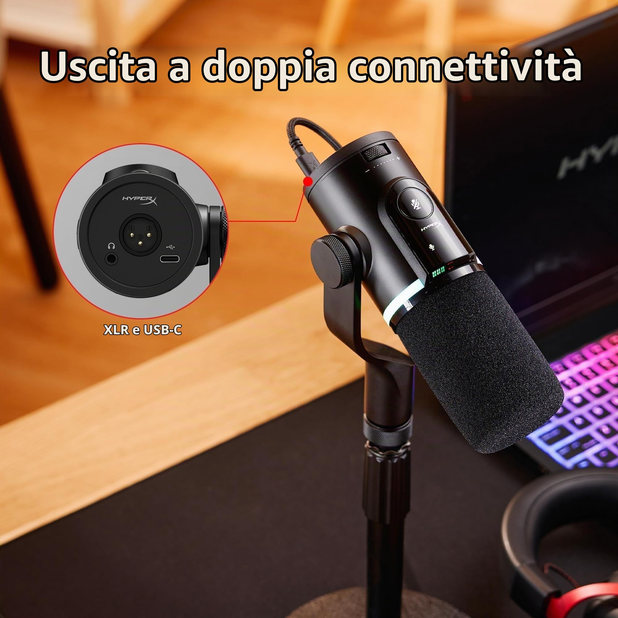 HyperX FlipCast, Microfono XLR/Usb Cardioide per Gaming, Streaming, Podcast, Compatibile Con Pc e Mac, Controllo Volume, Pulsante Muto, Plug & Play, Alta Qualità, Voce Chiara, Riduzione Rumore, Nero