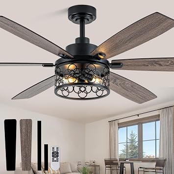 Bella Depot Black Farmhouse Ceiling Fan with Light and Remote, Caged Rustic Chandelier Fan, Quiet Reversible DC Motor, Dual-Finish Blades for Living Room, Bedroom, PatioBulbs not Included 60"-03