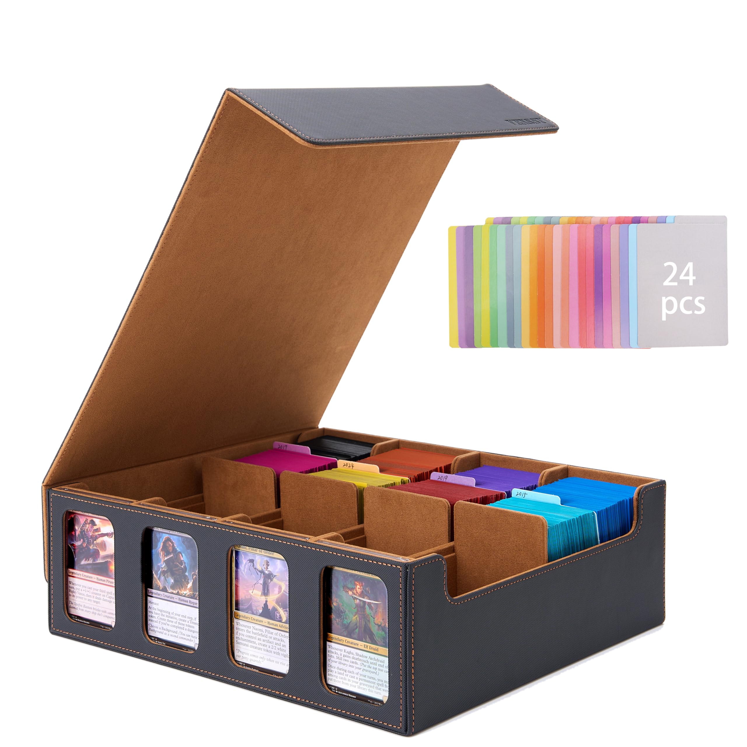 デッキケース トレカケース カードケース ストレージボックス 3000+ ディスプレイスロット 仕切り板 カードストッパー付き「 遊戯王 MTG 各種 カードゲーム に使用可能 」 (黒内装茶)