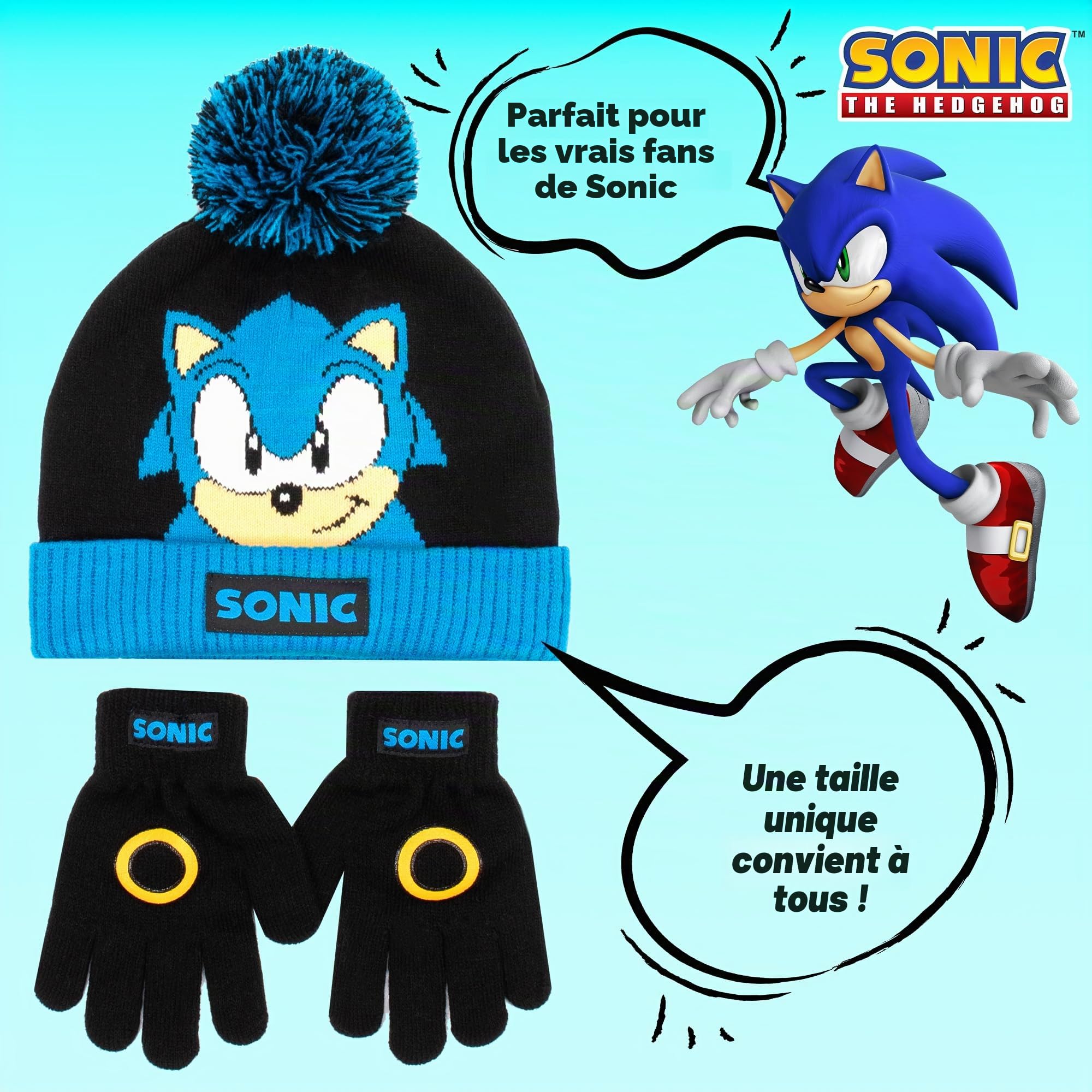 SONIC THE HEDGEHOG Ensemble bonnet et gants d'hiver pour garçons – Bonnet et gants chauds et confortables – Parfait pour les enfants âgés de 6 à 12 ans