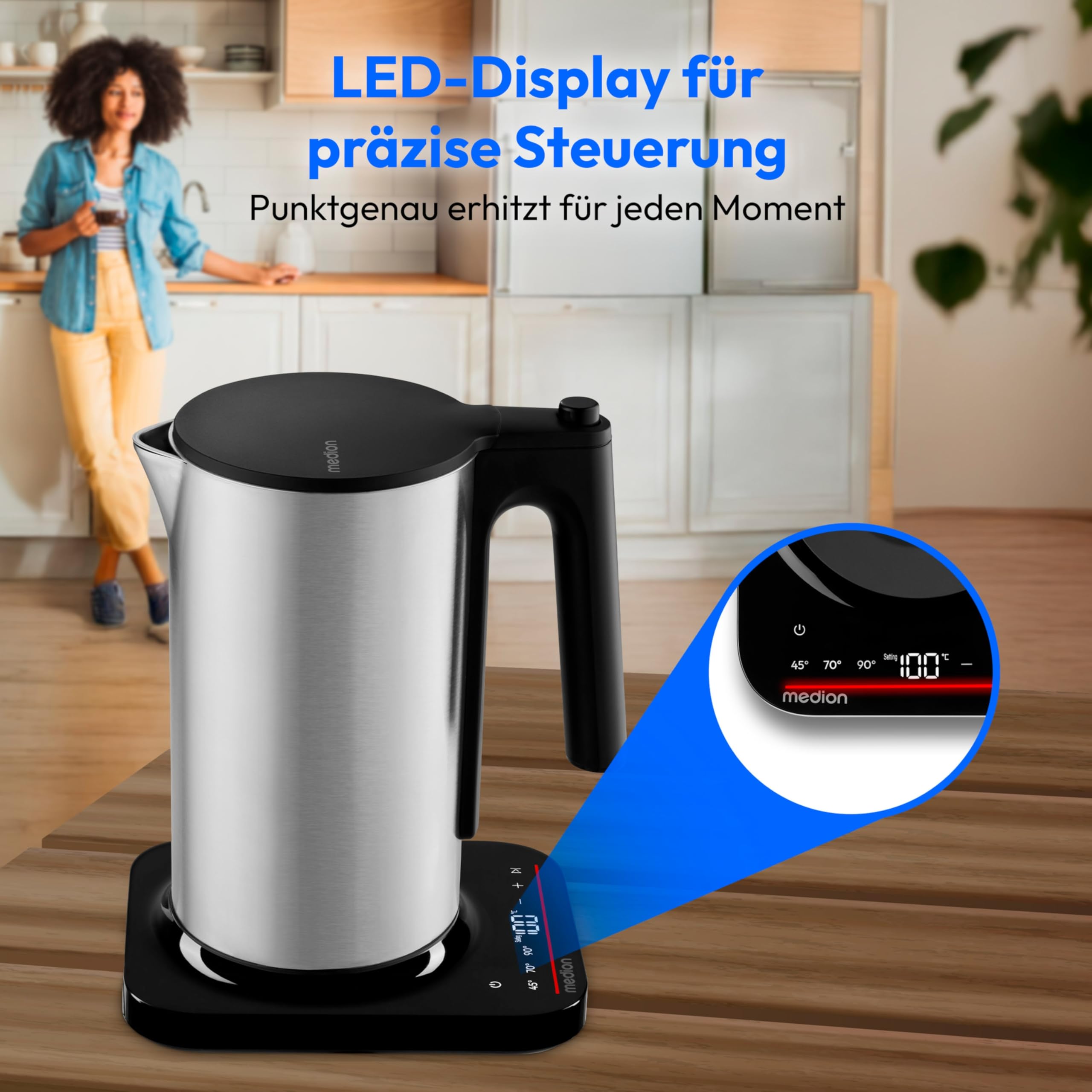 MEDION Hervidor digital LIFE MD12106, potencia de 2200 vatios, capacidad de 1,5 litros, pantalla LED, barra luminosa LED, programas automáticos, seguridad para niños, color plateado.