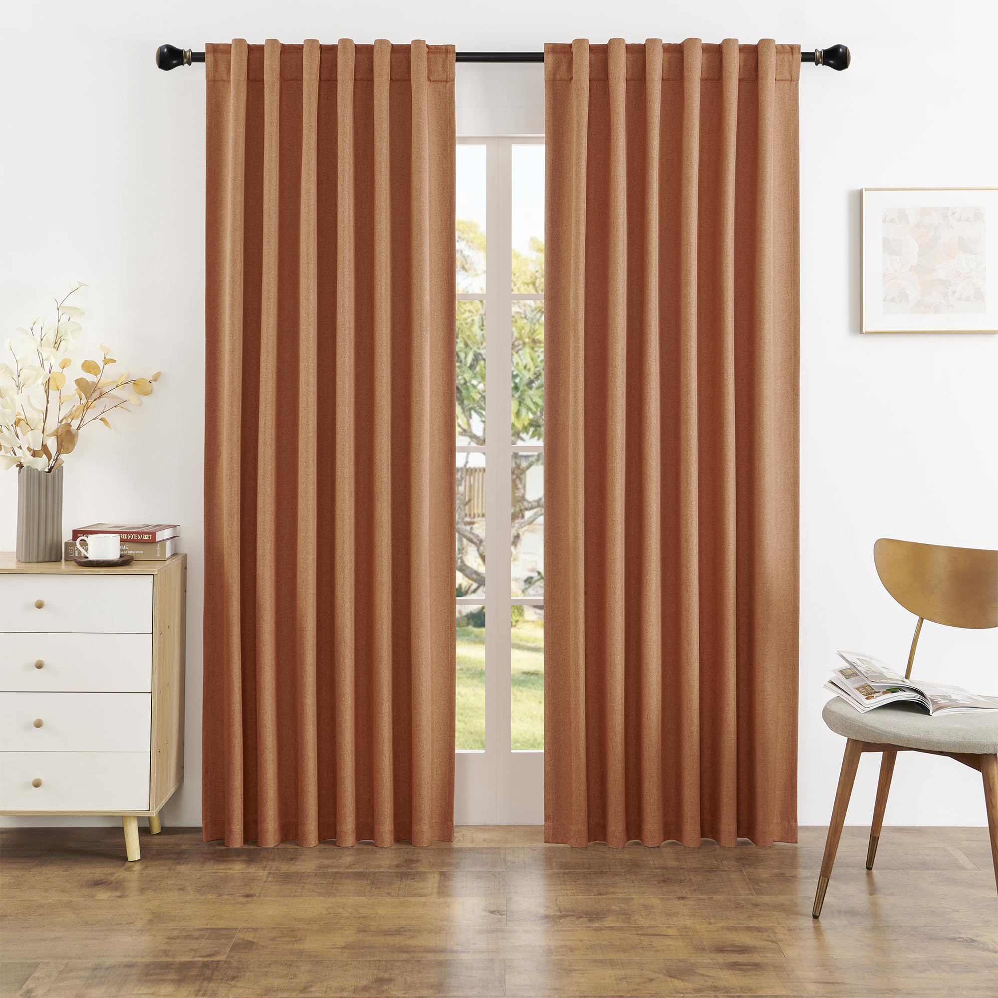 DUALIFE 100% Blackout Curtains 84 Inch Length Textured Linen for Bedroom/Living Room Energy Saving Window Treatment Curtain Drapes Colored Copper Rust Decor Back tab Rod Pocket,50x84 Inch,2 Panels Set