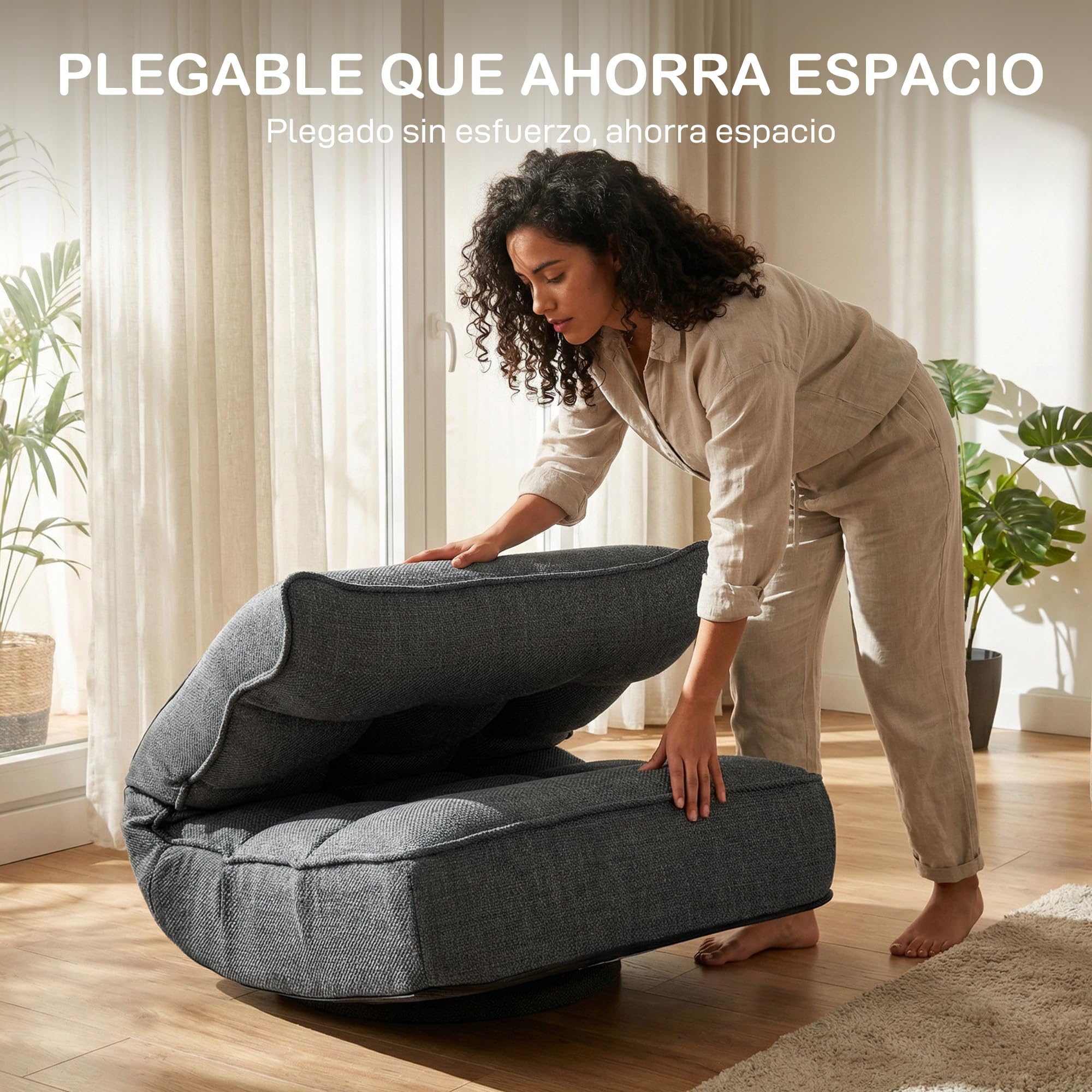 HOMCOM Silla de Suelo Plegable, Silla de Lectura Giratoria 360° con Respaldo Ajustable en 5 Posiciones, Sofá de Suelo de Lino y Acolchado, para Meditación y Gaming, 58x107x79 cm, Gris