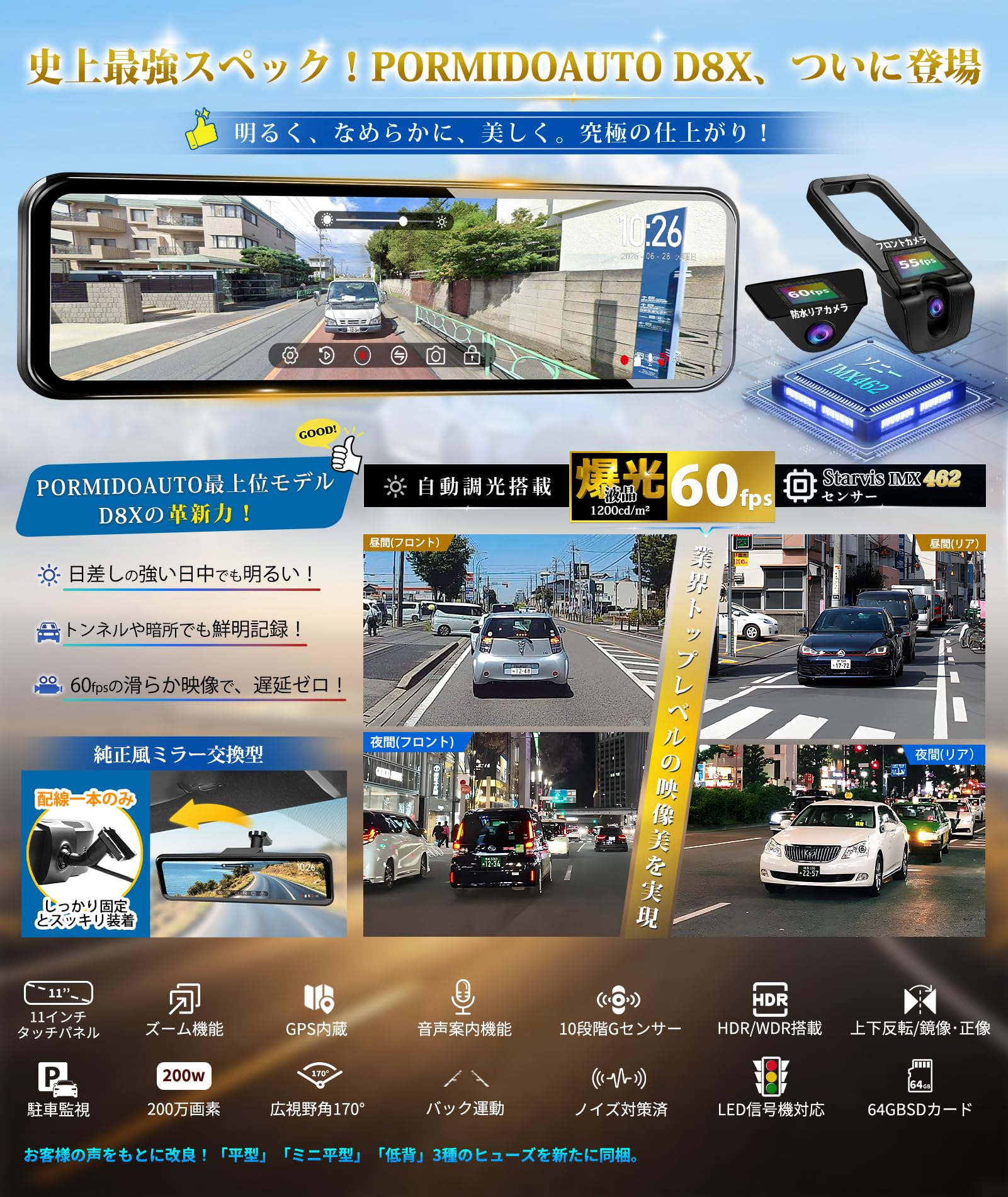 Amazon.co.jp: PORMIDOAUTOドライブレコーダーミラー型【前後カメラ