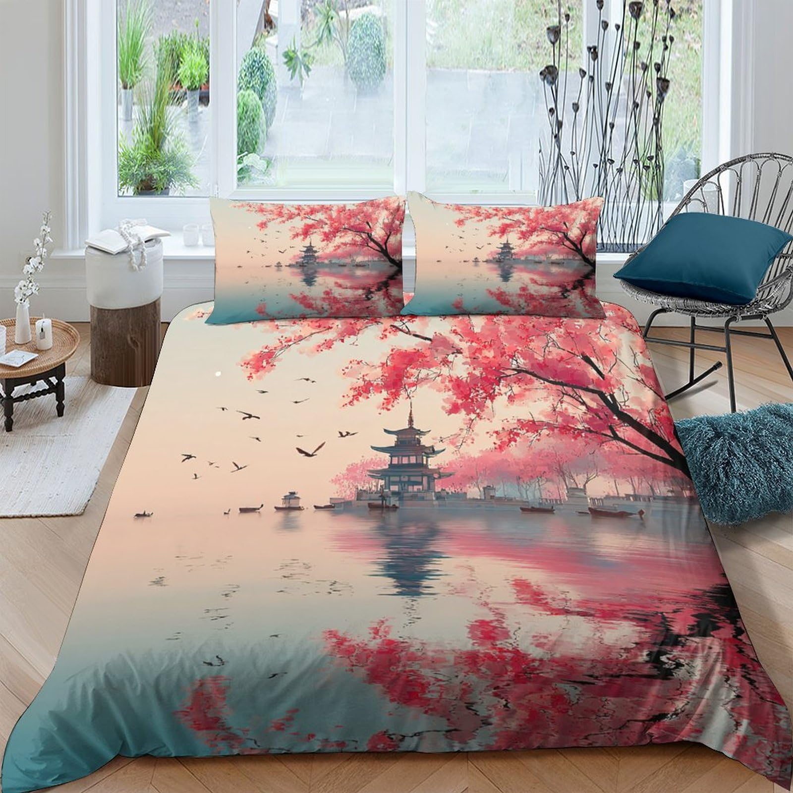 Ctjqhvkz Style-3 3D Printed Japanese Pagoda Fitted Sheet Microfiber Soft Autumn Maple Mattress Cover For Bedroom Dorm Decor Single（135X200cm）