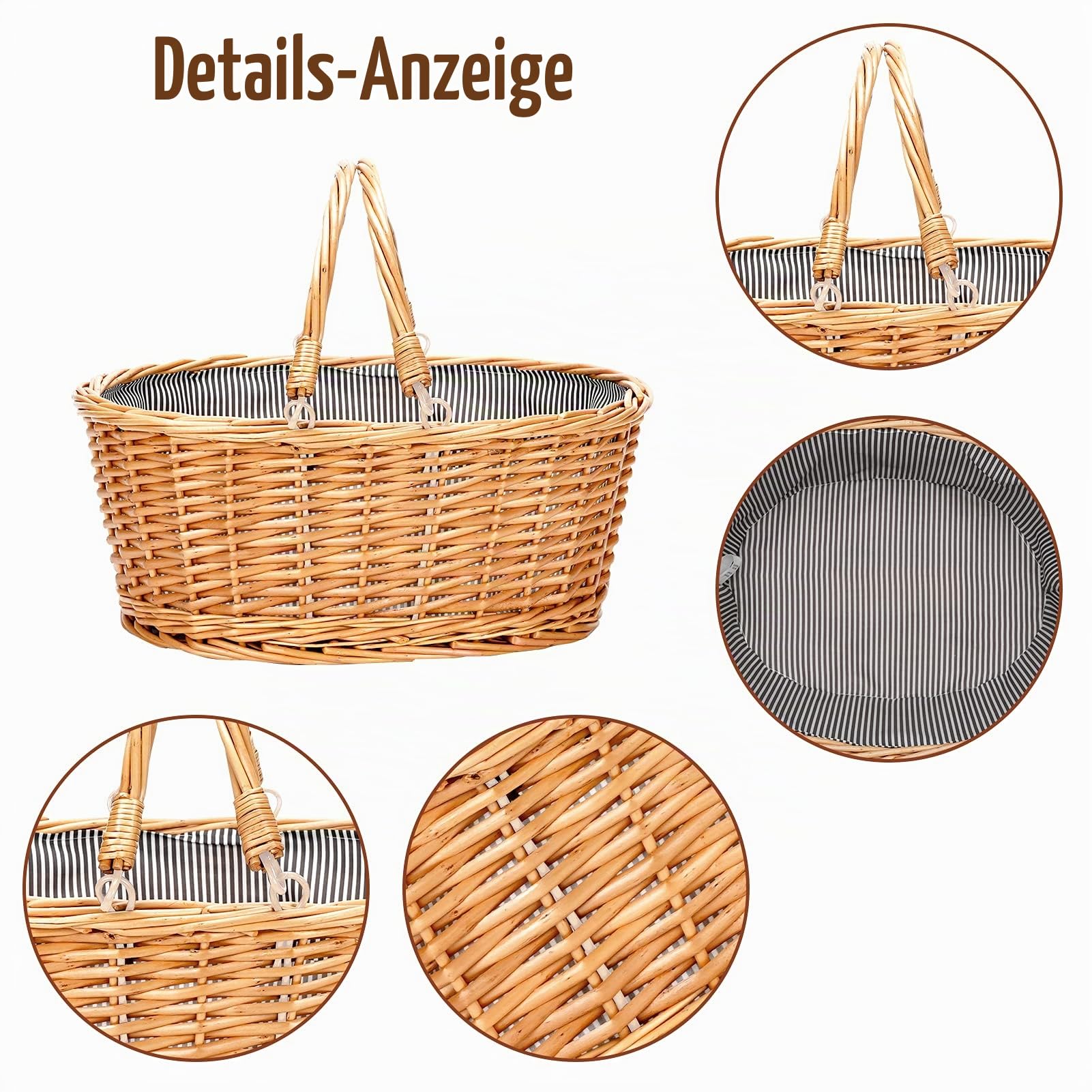 Weiden-Picknickkorb mit doppelt klappbaren Griffen, natürlicher Weidenkorb, leerer Korb, günstige Ostereier, Süßigkeiten, Aufbewahrung, Weinkorb für Spielzeug, Blume, Hochzeitsgeschenke (grau)