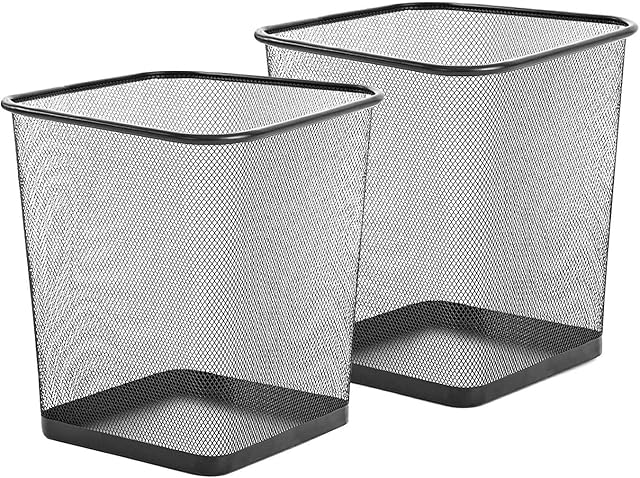SUHSAI Square Metal Mesh Bin for Bedroom, Office Bin Pack of 2 - Lightweight Black Waste Paper Desk Bin - Trash Bin for Home, Kitchen, Bathroom, Garage - Wastebasket Trash can Garbage Bin