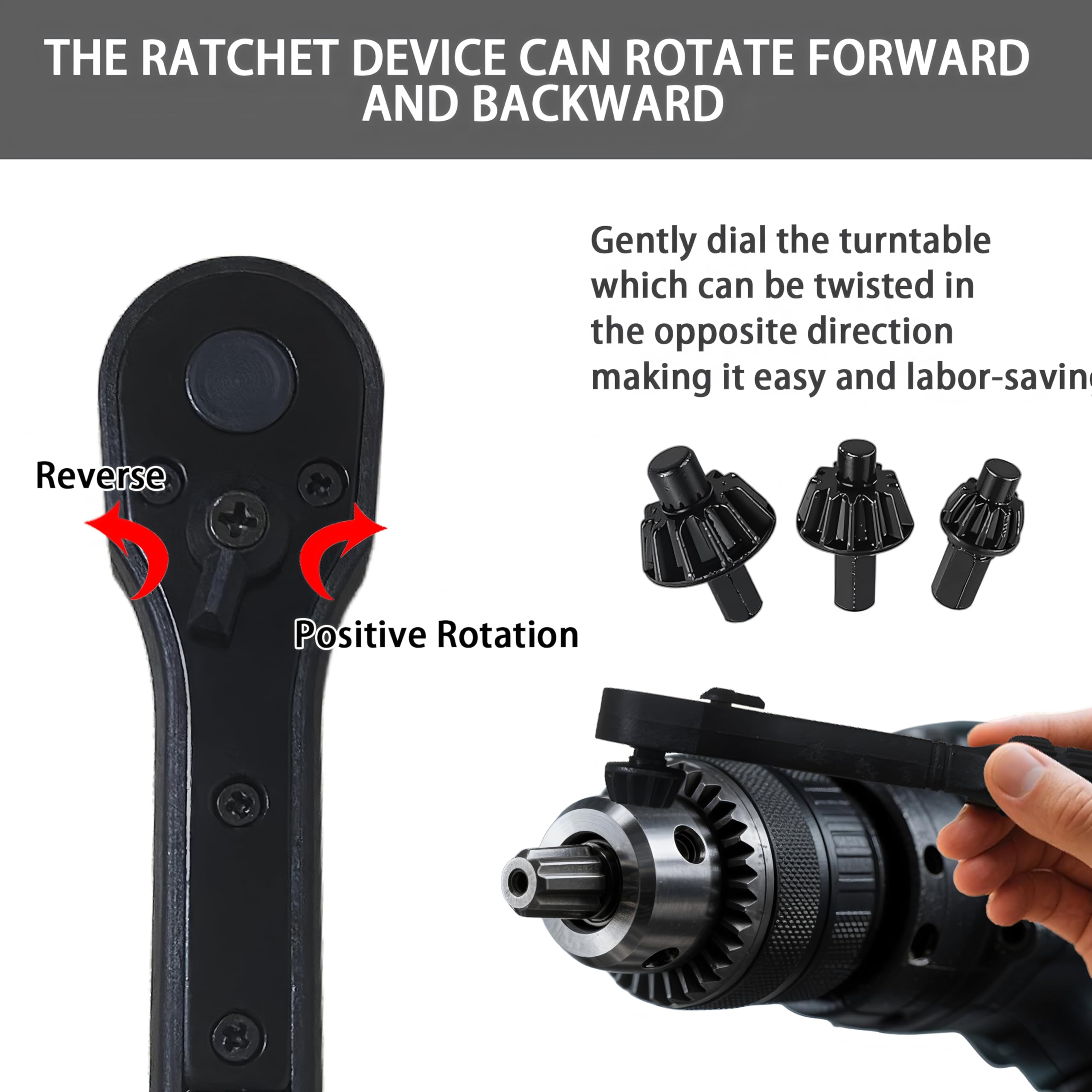 Llave de trinquete 2 en 1, llave de trinquete con 3 tamaños de enchufe y 1 par de guantes, herramienta de repuesto universal para taladros, compatible con la mayoría de taladros eléctricos y
