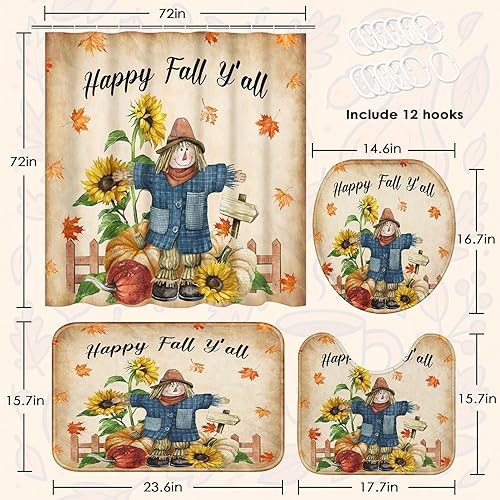 Miniatura 3 de Juego de cortina de ducha de espantapájaros de otoño con cubierta de tapa de inodoro y alfombras antideslizantes, diseño de girasol y hojas de otoño