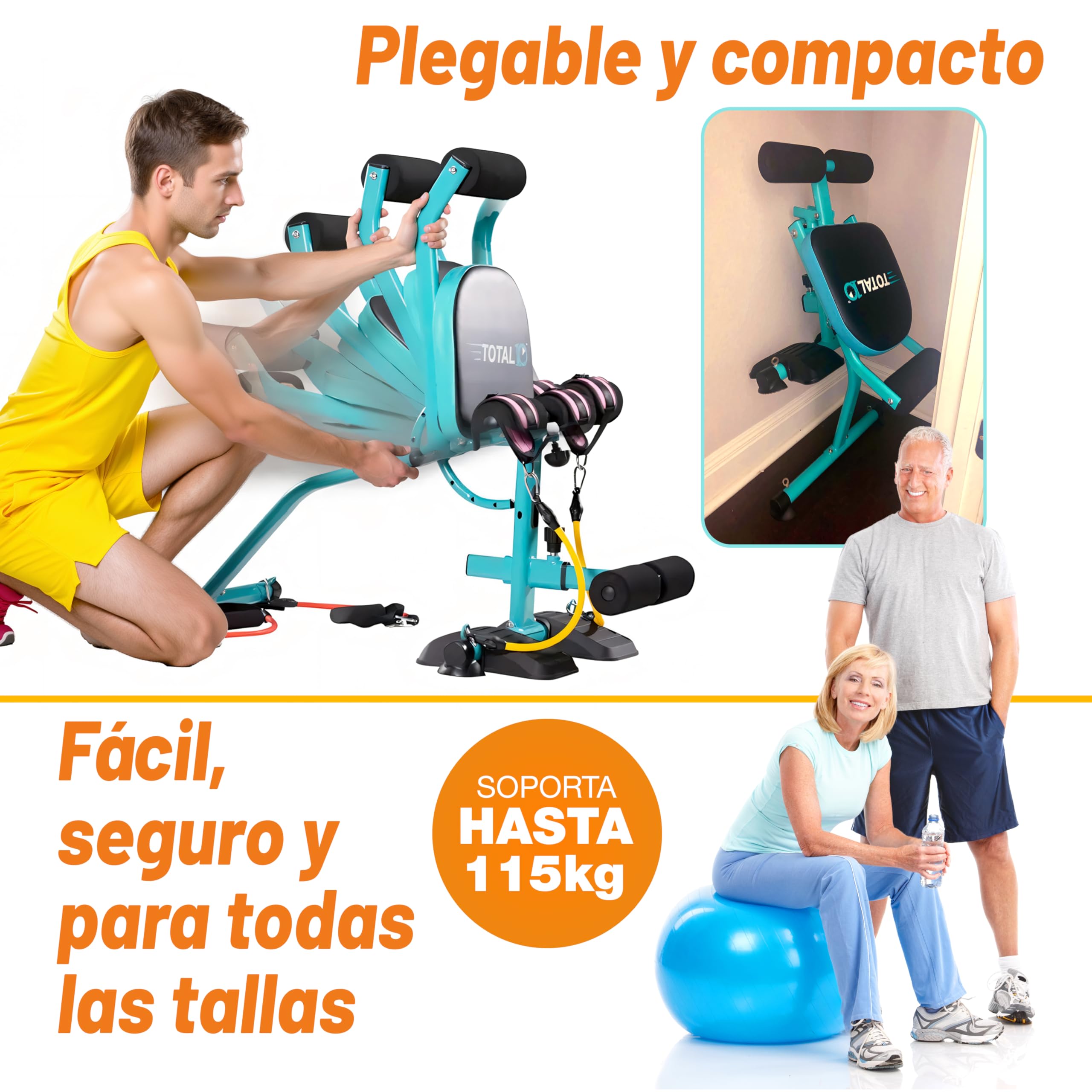 Banco Multiejercicio TOTAL 10. Entrena en casa todo el cuerpo y mejora tu postura con sólo 10 minutos al día. Sin impacto en articulaciones. Plegable, seguro, ajustable. Con 6 bandas de resistencia